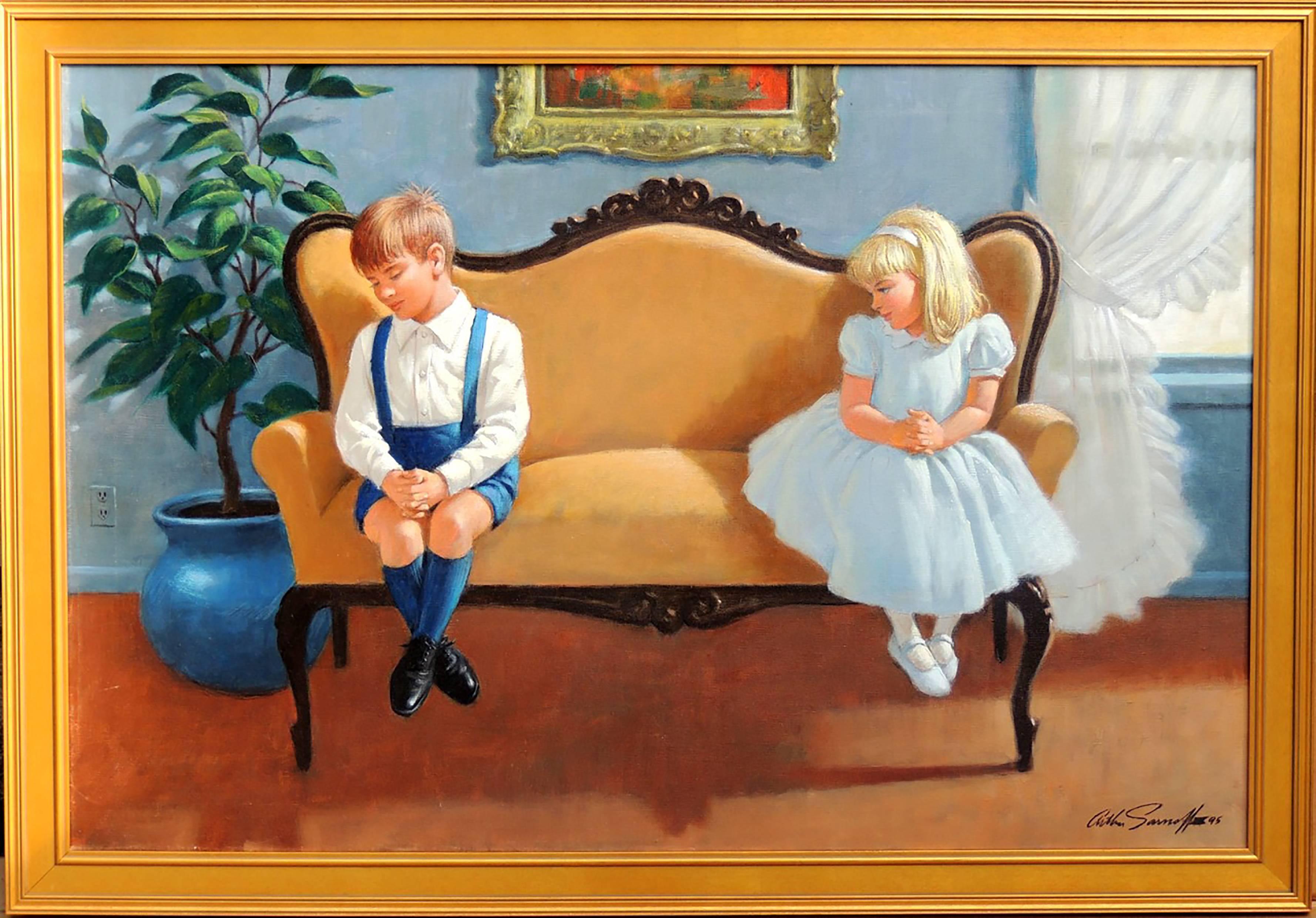 Kids Sitting on Love Seat - Painting by Arthur Sarnoff