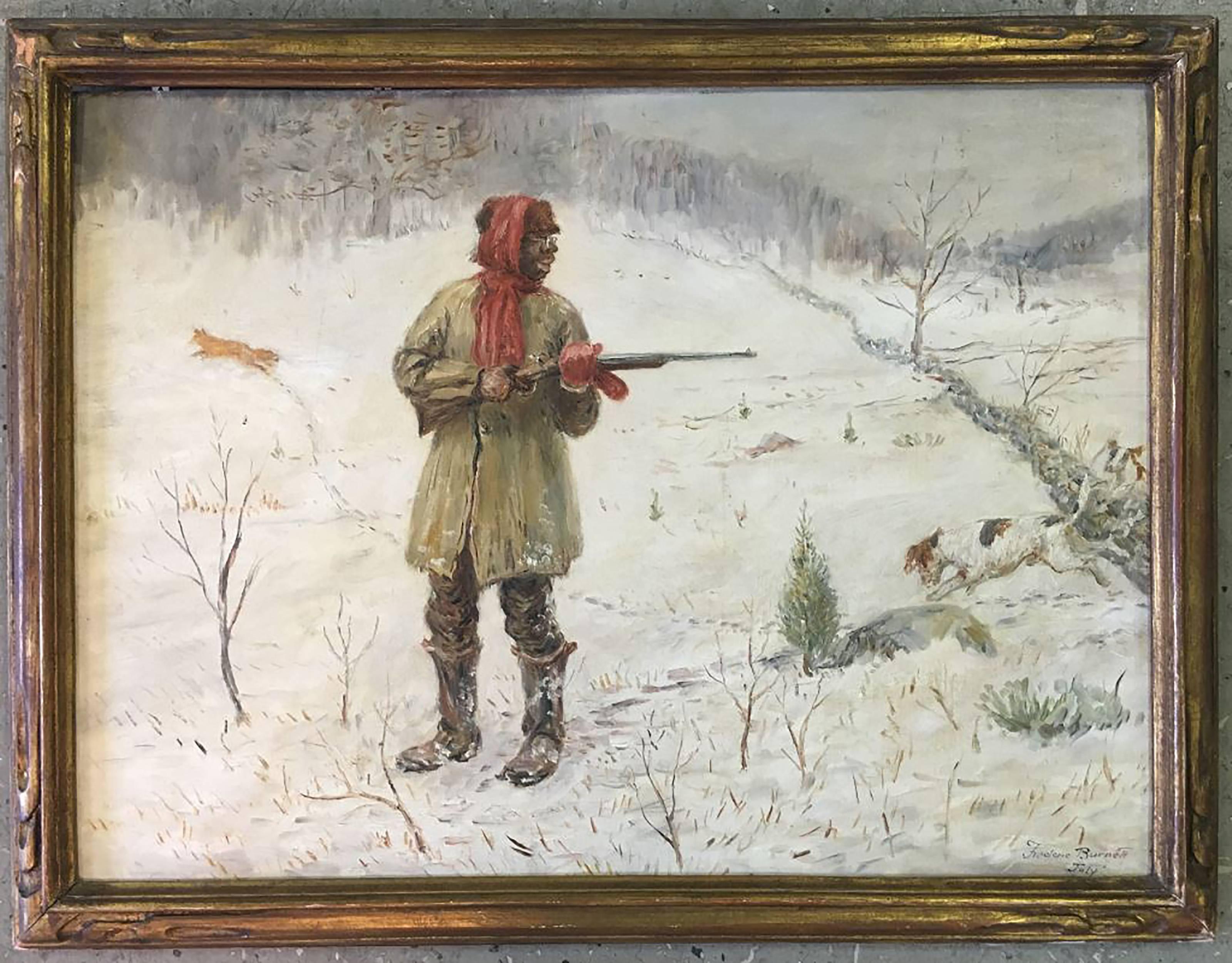 African American Man Hunting in the Snow - Painting by Frederic Burnett