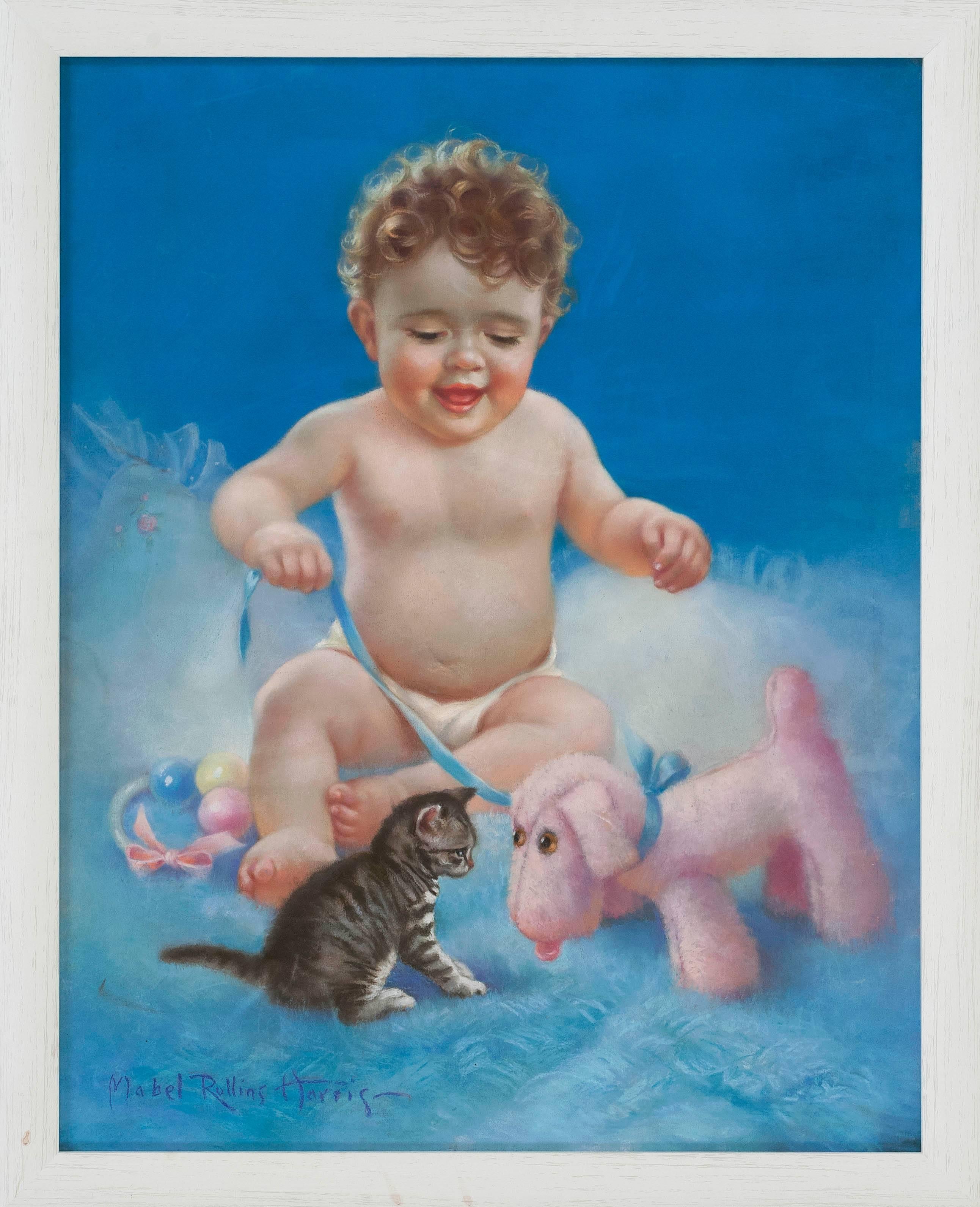 Baby with Kitten ( Bébé et chaton) - Bleu Figurative Art par MABEL ROLLINS HARRIS