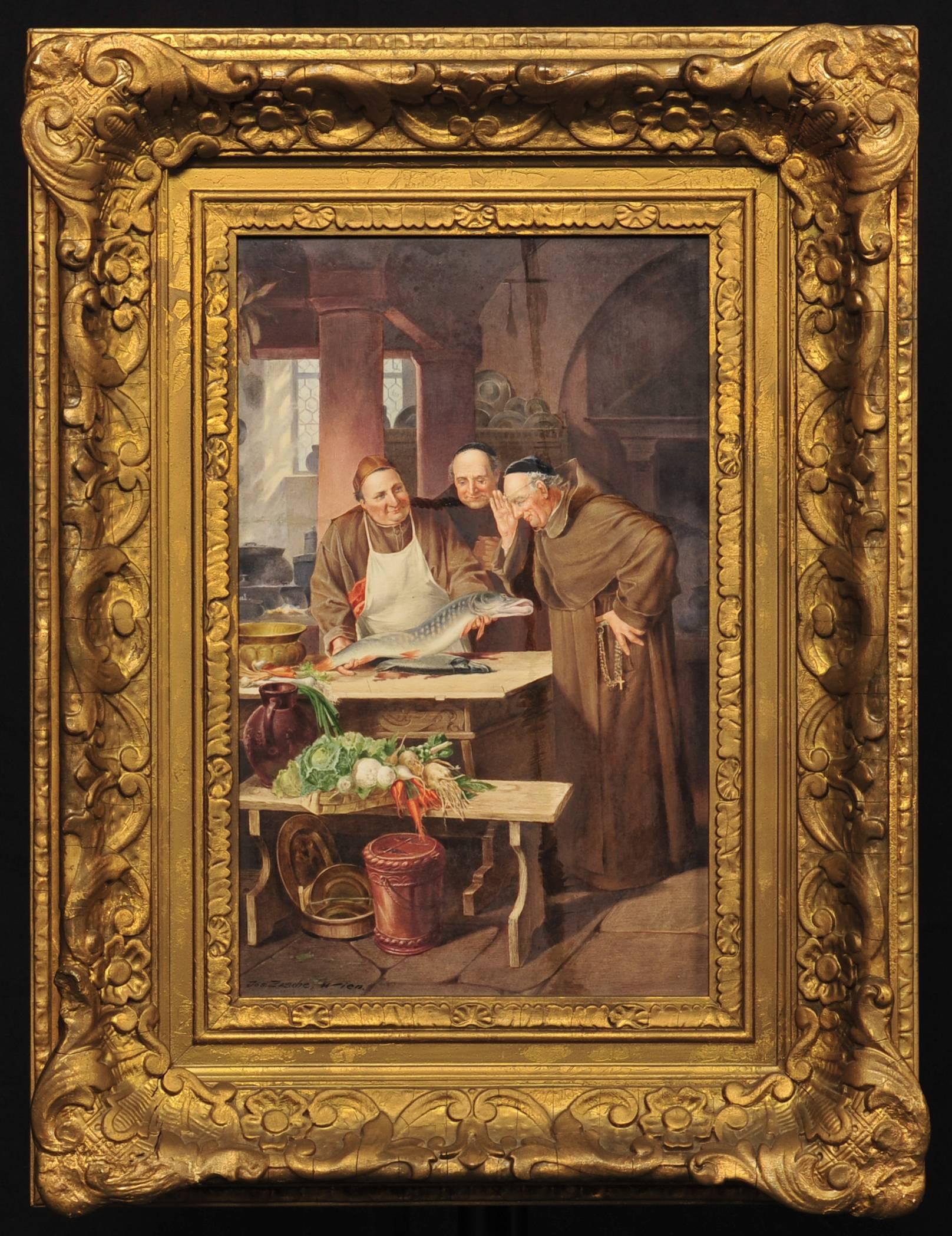Trois hommes religieux avec poissons - Painting de Joseph Gascle
