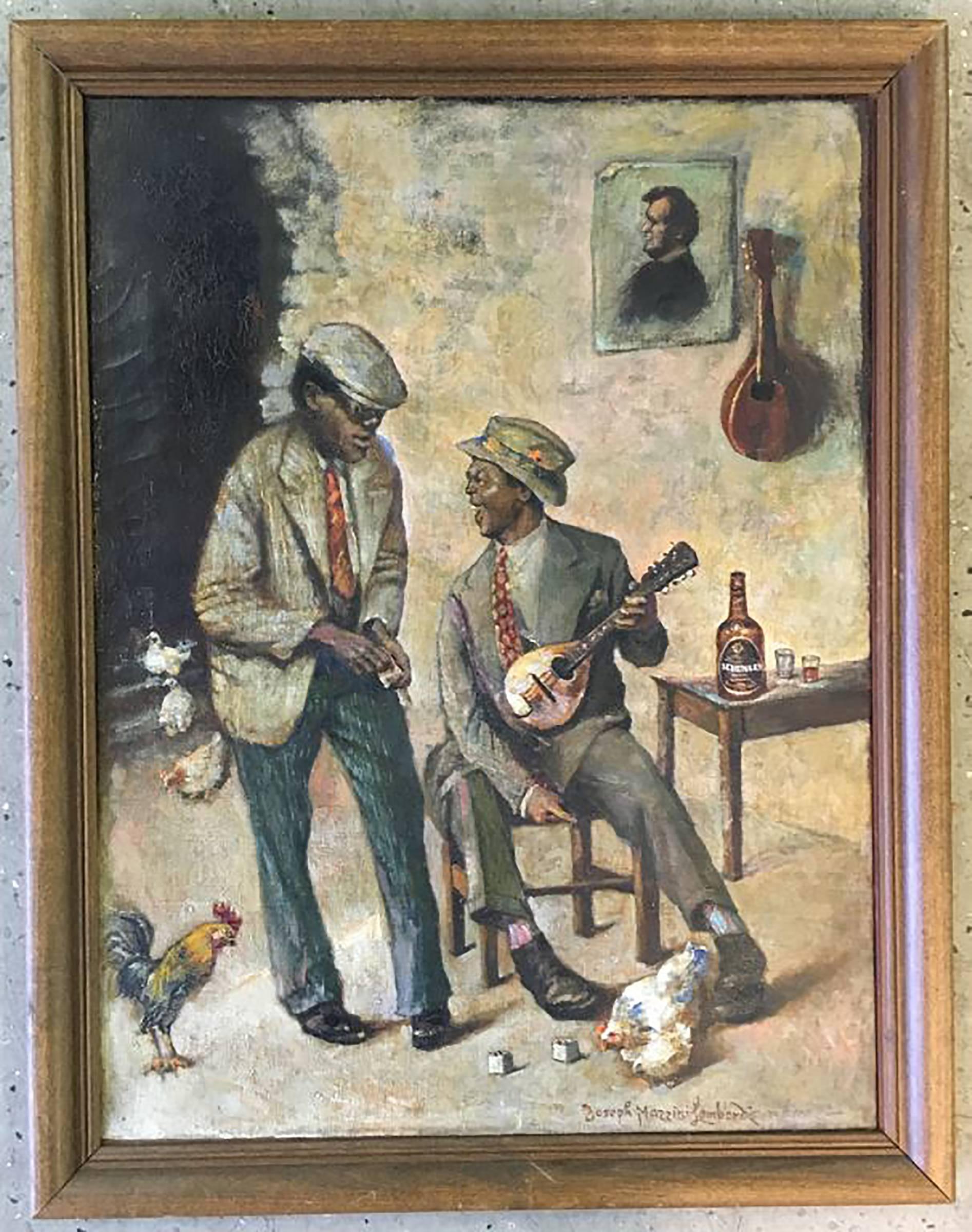 Two 1930's African American Men Shooting Craps - Painting by Joseph Mazzini Lombardi