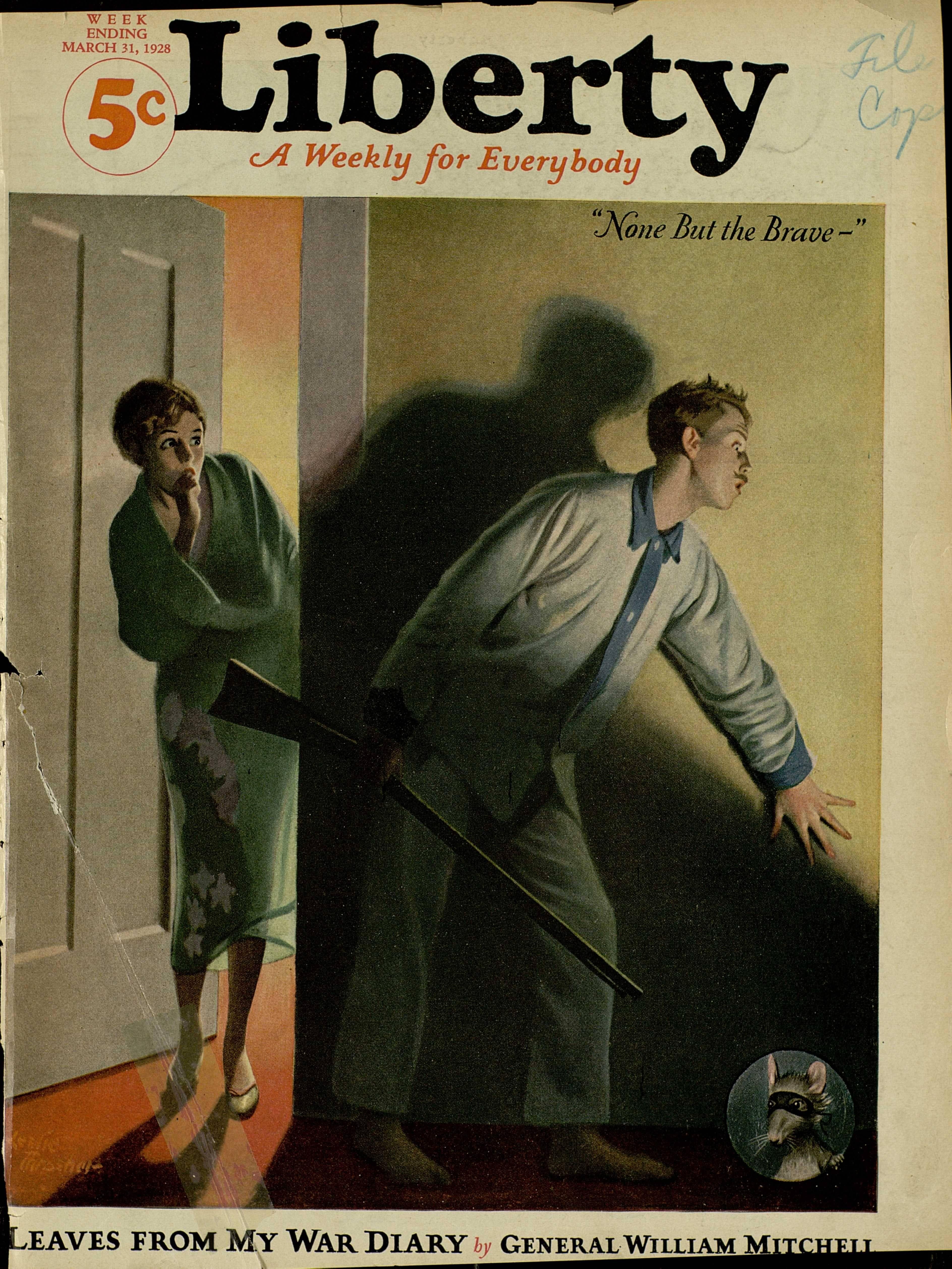 « None but the Brave », couverture du magazine Liberty, 1928 - Gris Figurative Painting par Leslie Thrasher