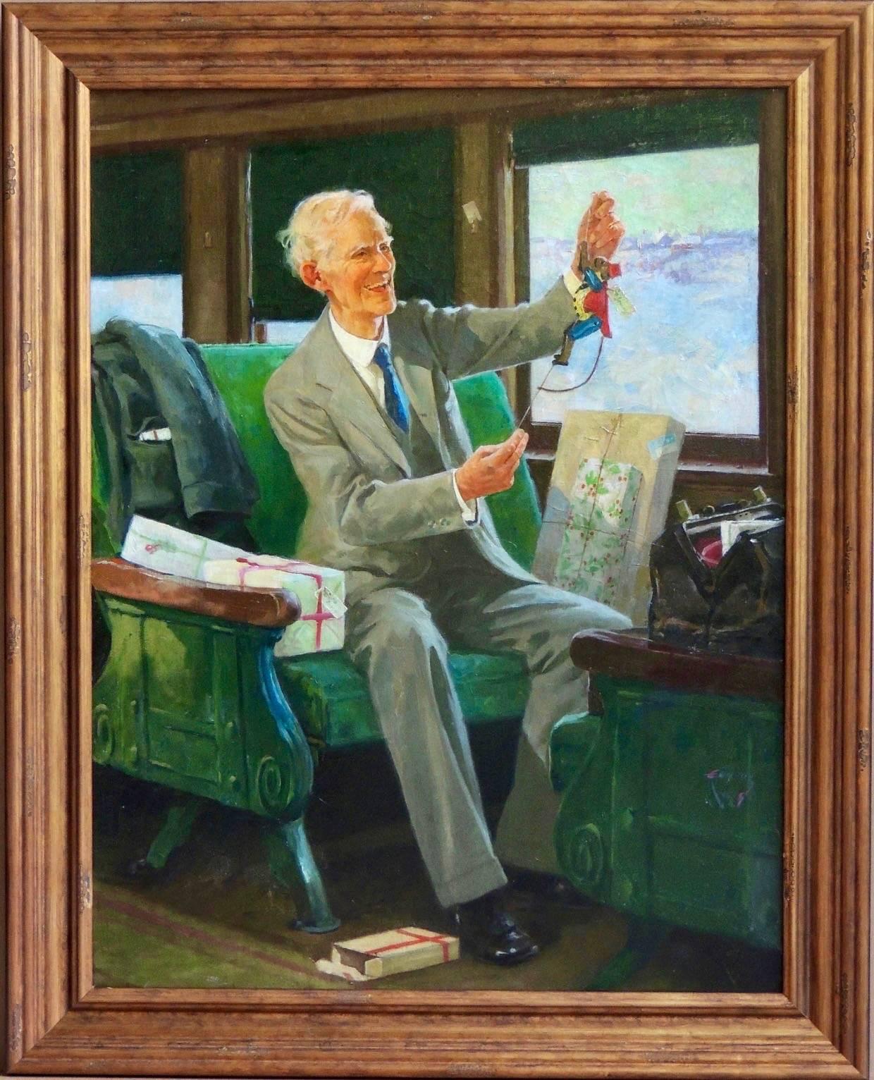 Grandfather on a Train with Christmas Gifts - Painting by Eugene Iverd