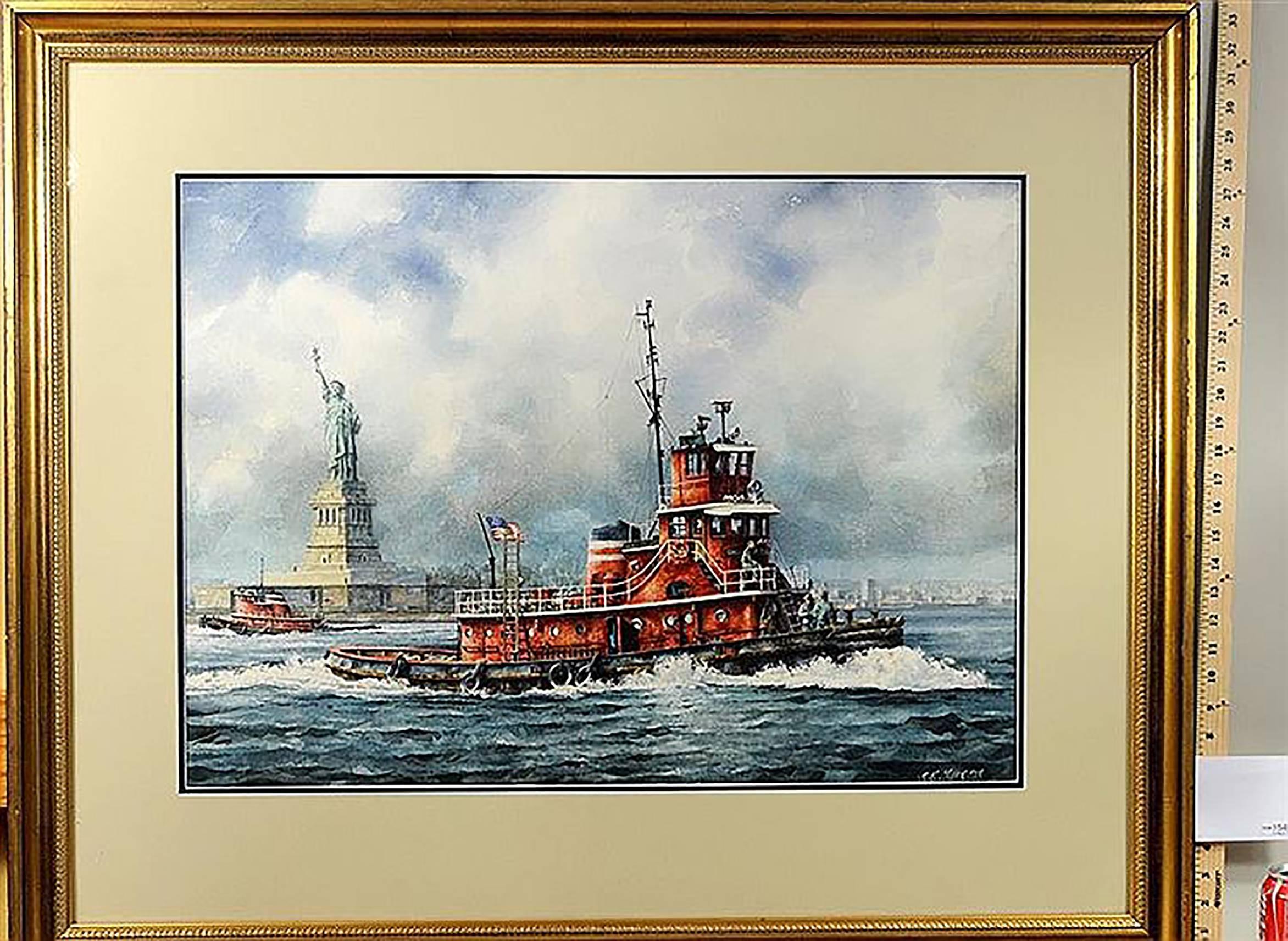 The Tug Boat Brian McAllister off Liberty Island with Statue of Liberty in  - Art by Keith Miller