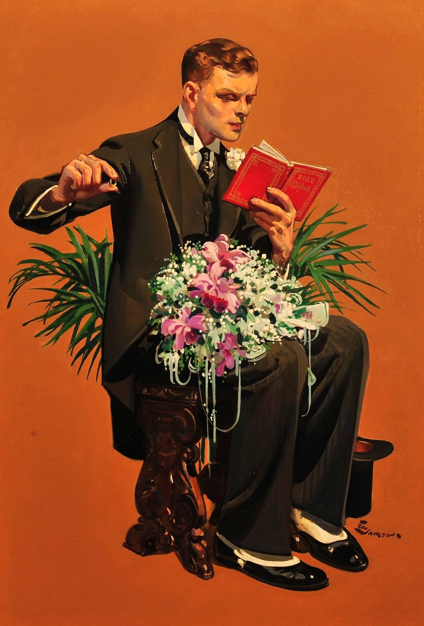 E.M. Jackson Portrait Painting - Young Man Holding Flowers