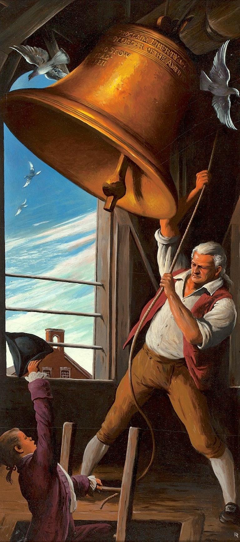 Robert Riggs Figurative Painting – Das Läuten der Glocke, Anaconda-Kupfer-Anzeige, patriotische Illustration