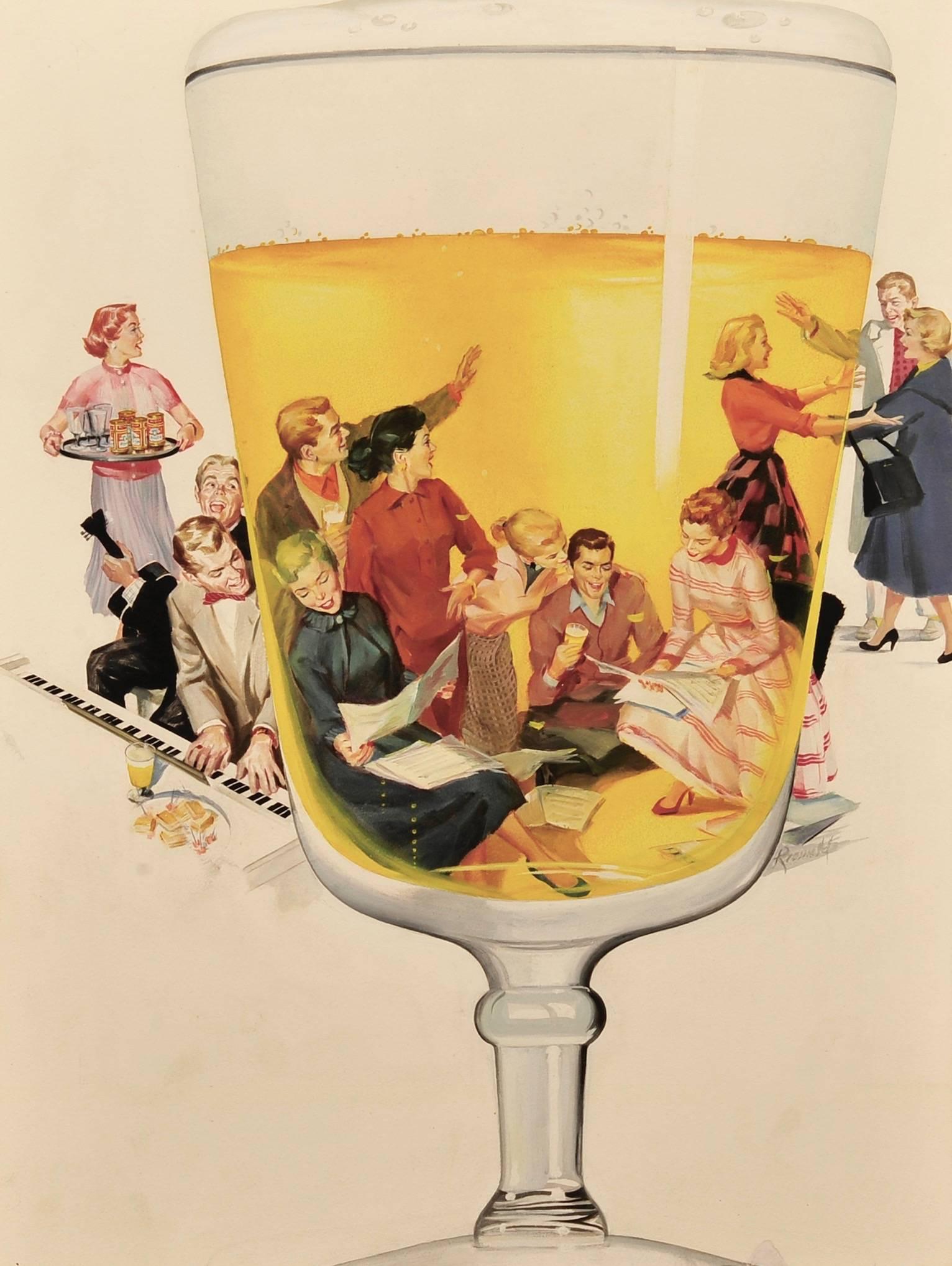 Party Seen Through Beer Glass - Painting by Gilbert Riswald