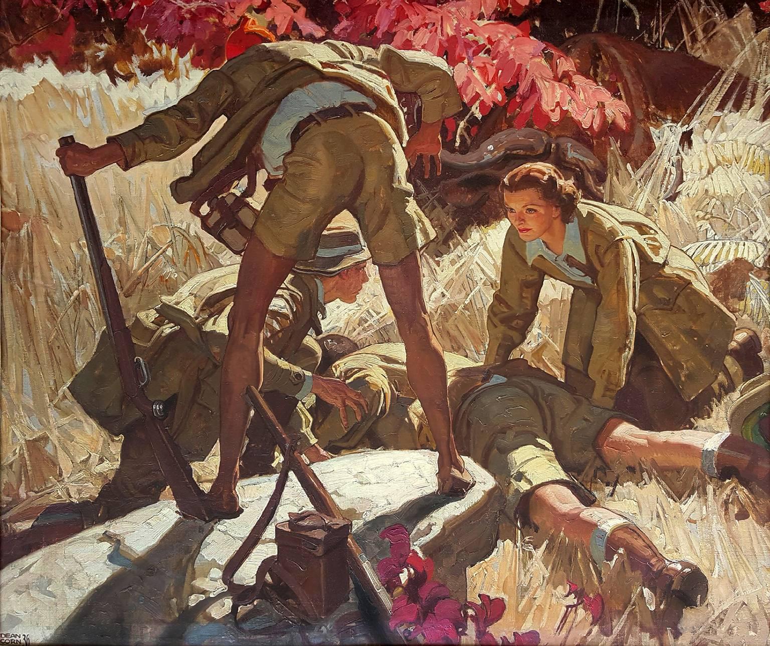 Dean Cornwell Animal Painting - He Lay Face Down, The Short Happy Life of Francis Macomber, Ernest Hemingway