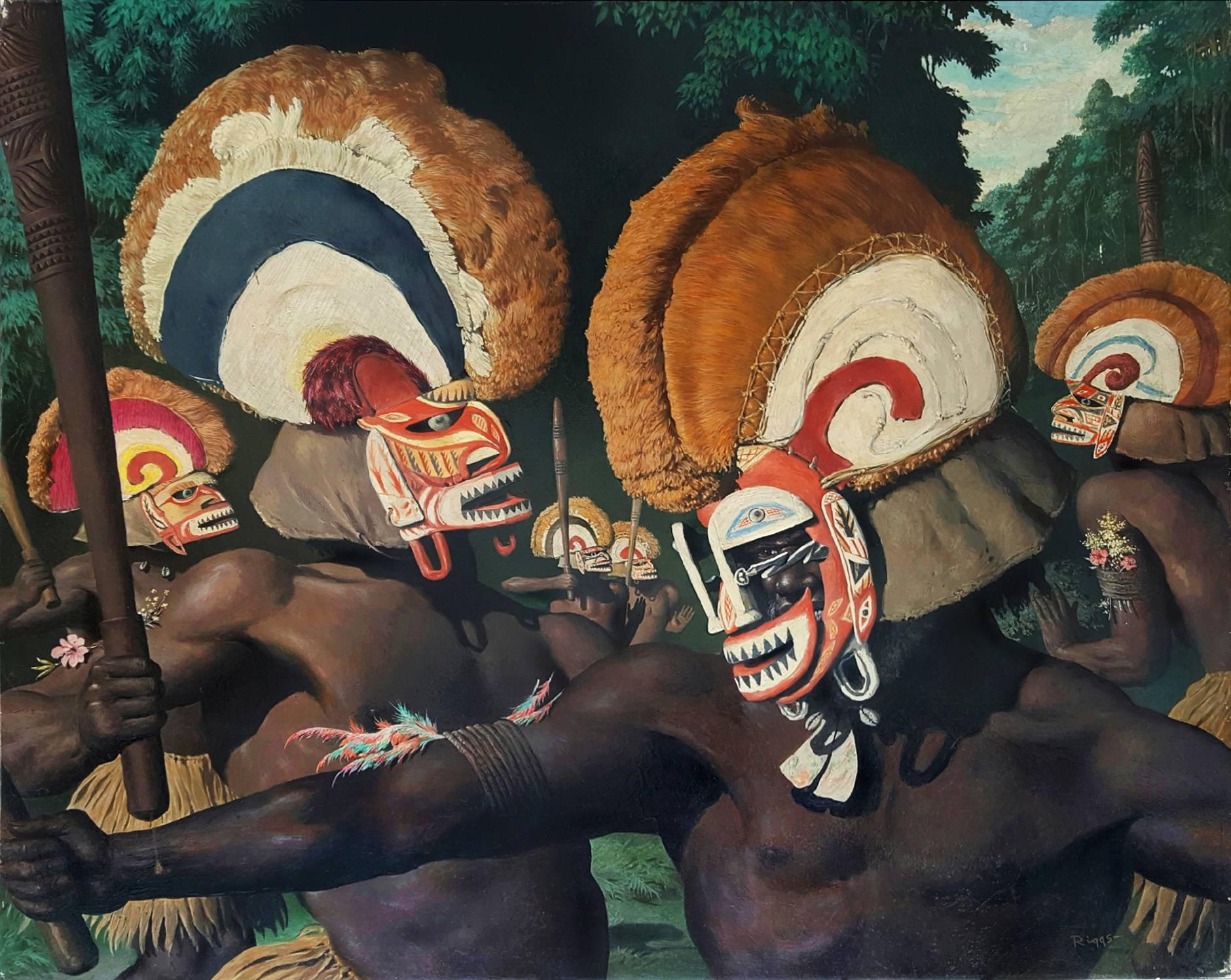 Robert Riggs Figurative Painting - Tribesmen with Headdresses