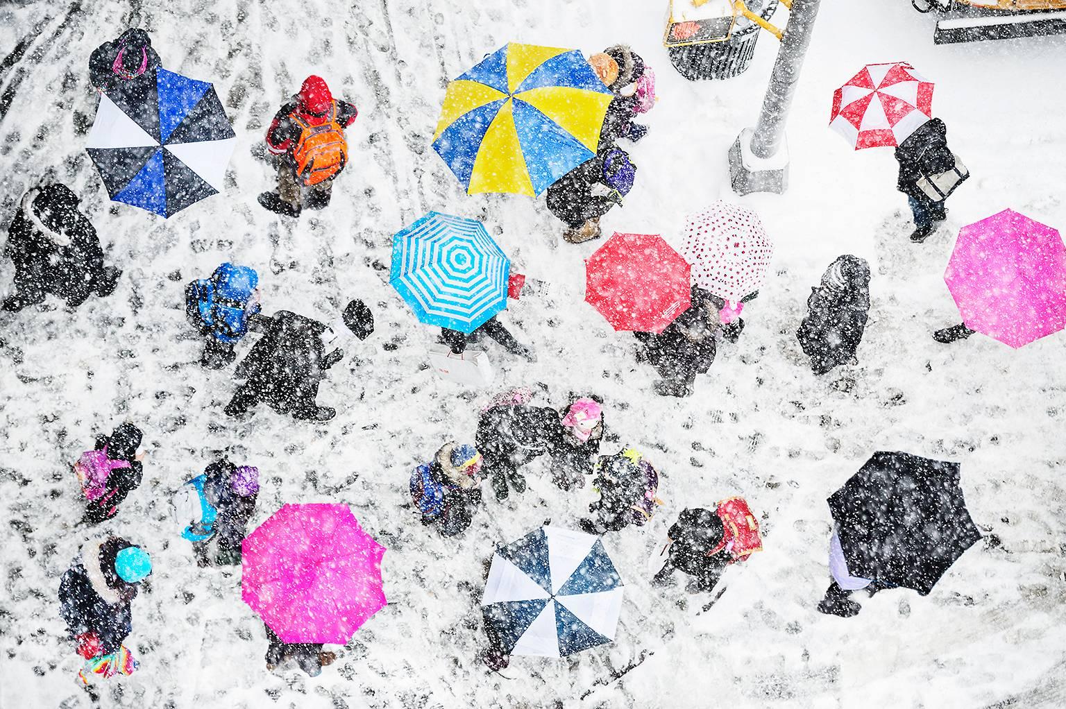 Mitchell Funk Abstract Photograph - Pink Umbrellas in the Snow, New York City,  Fine Art Photography