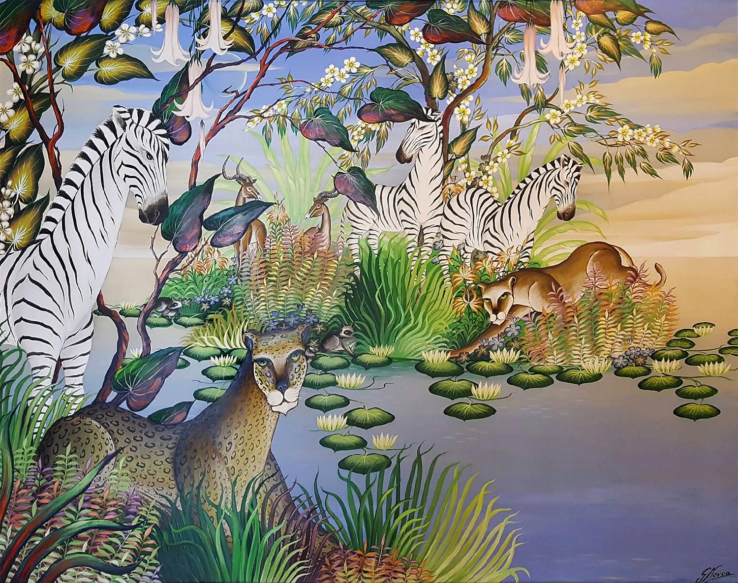Tropical Jungle,  Tiger, Zebra, Leopard, Jungle  Animals  Panther - Painting by Gustavo Novoa