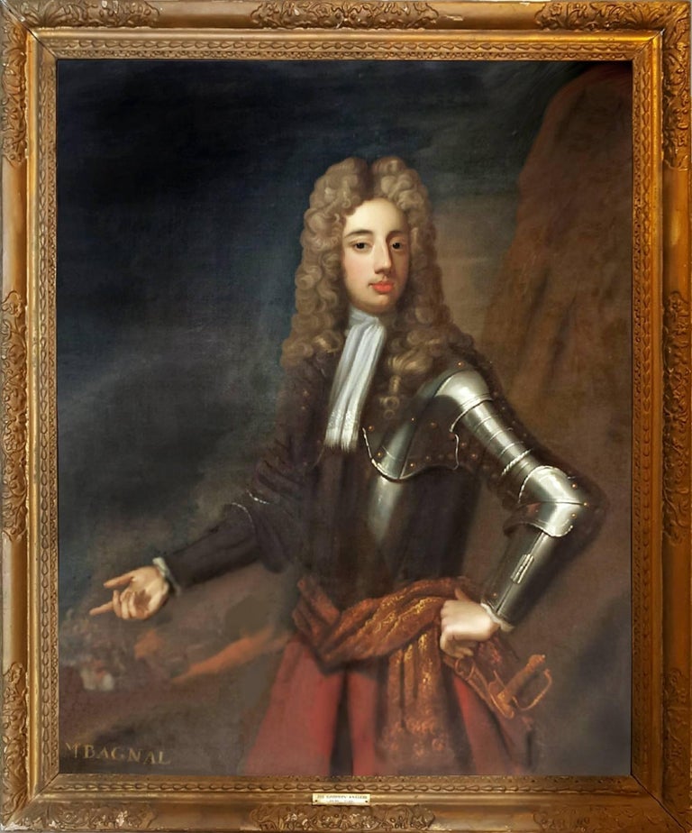 Sir Godfrey Kneller with studio,  Inscribed Mr. Bagnal Lower left. Godfrey Kneller and  studio , Unlined, old cleaning.  Old Frame. Frame was repainted and has some chipping and a few minor losses. Size 50 in.Hx40 in.W.  Pair   Mr. and Mrs.