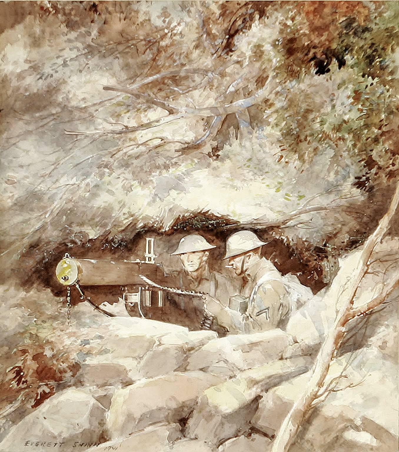 Everett Shinn Figurative Art - Two Soldiers with Machine Gun