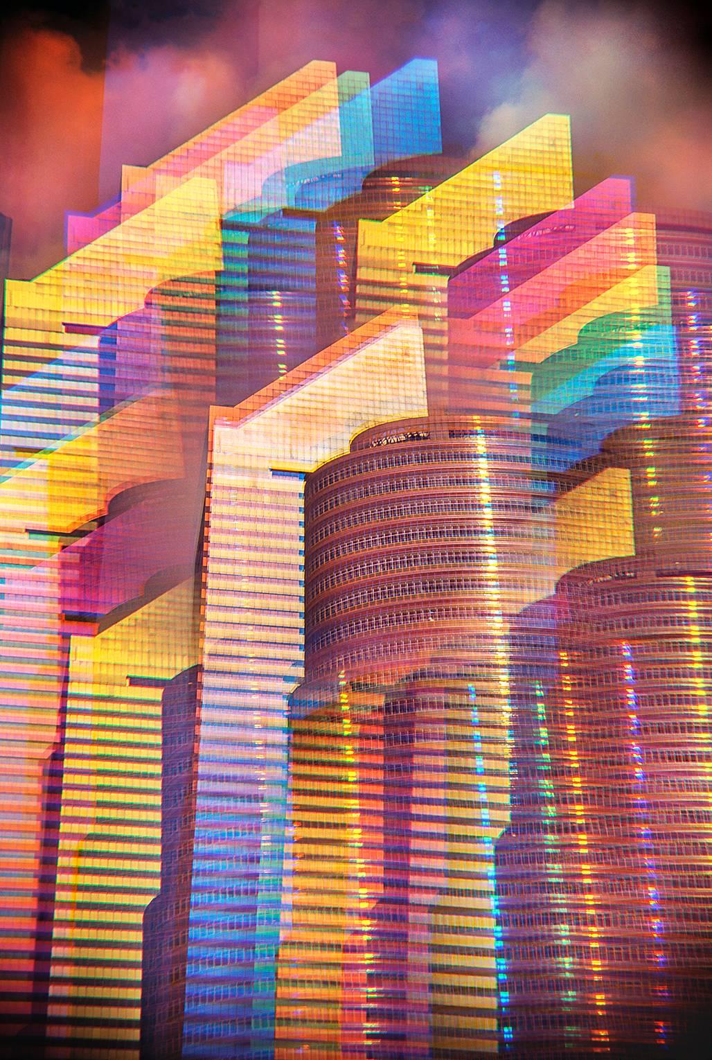 Color Photograph Mitchell Funk - Exposation multiple Lipstick Building, Citicorp New York