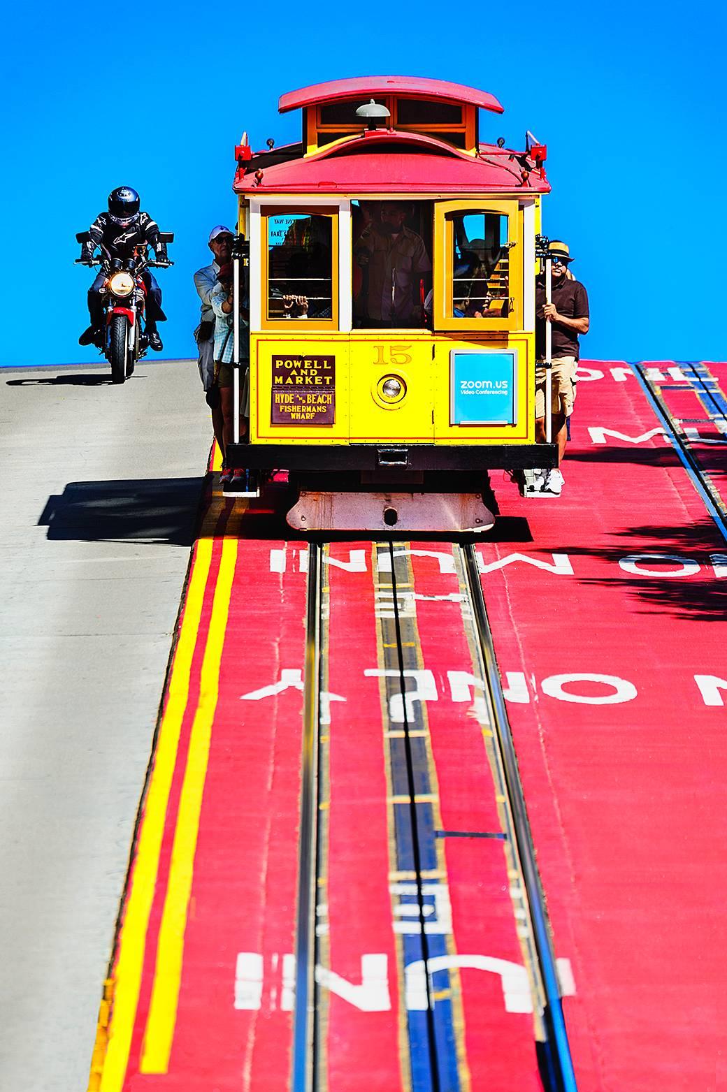 Mitchell Funk Color Photograph - Cable Car and Motorcycle , San Francisco