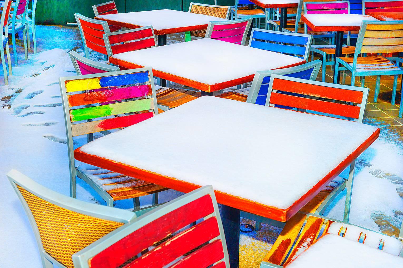 Mitchell Funk Color Photograph - Colored Tables in the Snow