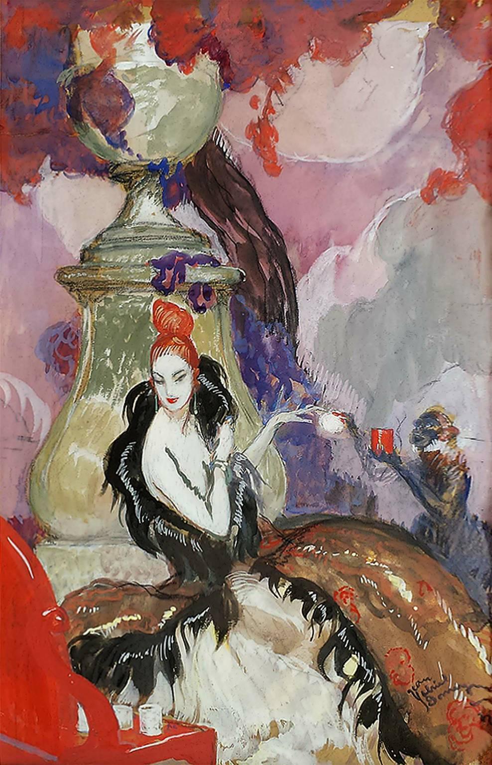 Jean-Gabriel Domergue Interior Painting – Art déco, L'ombre d'une jeune fille en fleur, Elegante französische Frau mit Affen