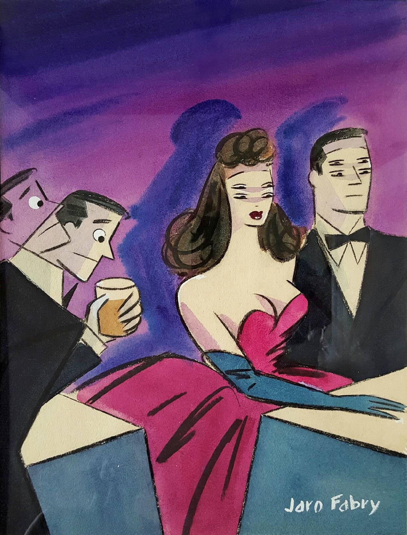 Jaro Fabry Figurative Painting – Drunk-Mann auf einer Party, Golden Age of Hollywood 