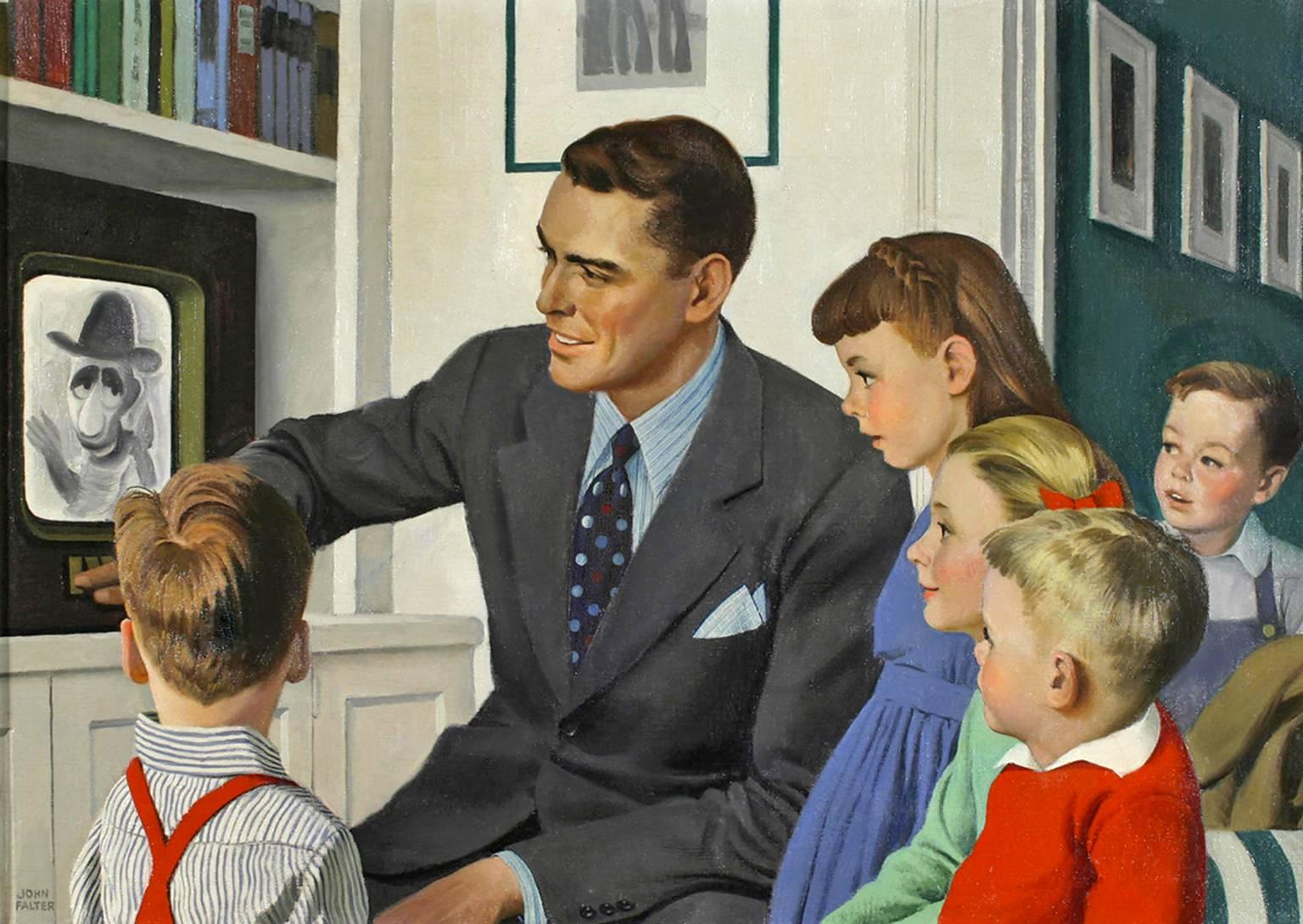 John Philip Falter Figurative Painting - Father and children in front of TV 