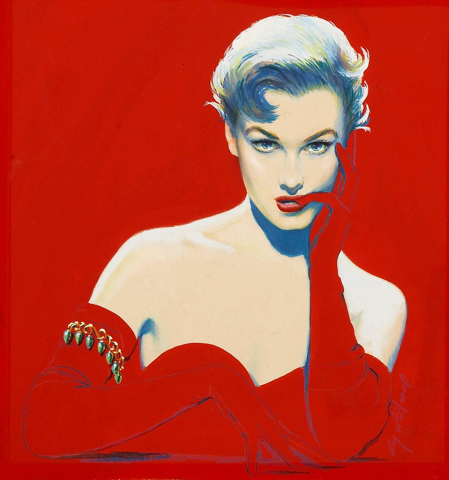 Coby Whitmore Figurative Painting - Seductive Femme Fatale Kim Novak Look-a-like Illustration in Red  