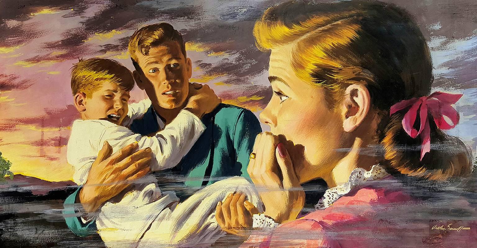 Arthur Sarnoff Portrait Painting - Saving the Children, Family in Horror Magazine Illustration