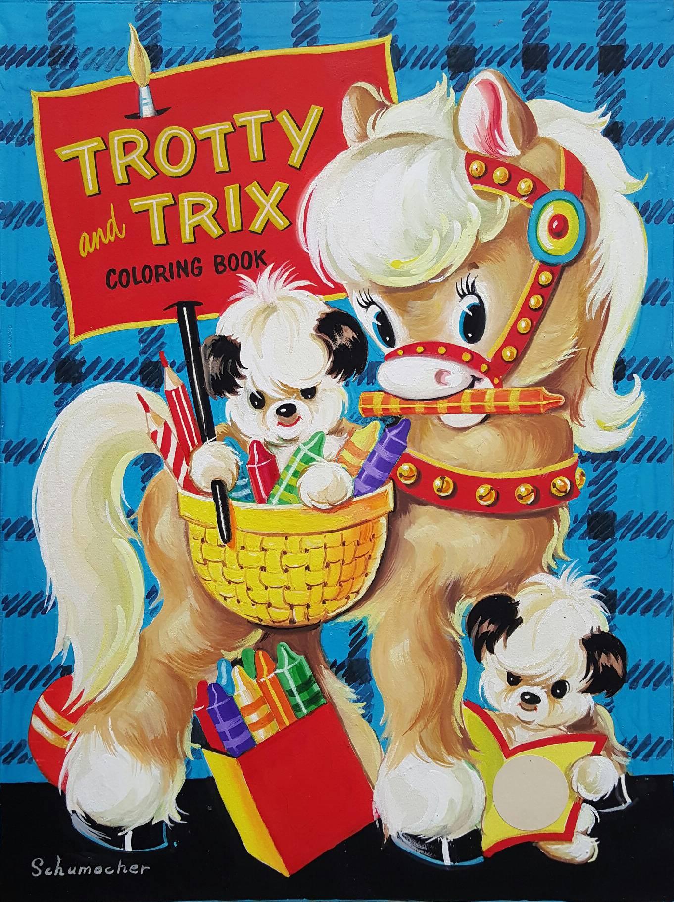Ponies und Puppies  Trotty And Trix Coloring Book, Cover Art, farbenfrohes Buch