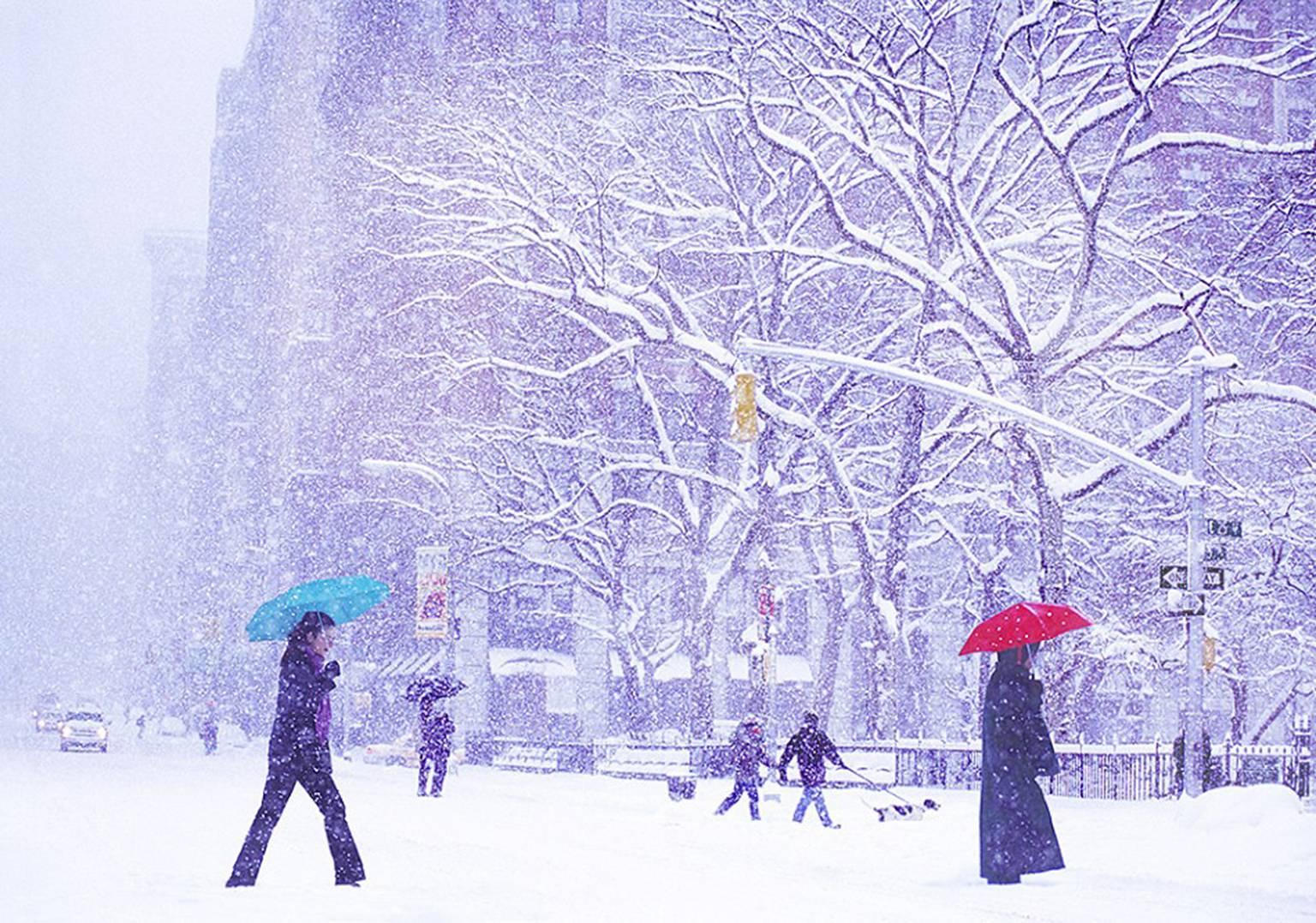 Mitchell Funk Color Photograph - Two Umbrellas in New York Snowstorm