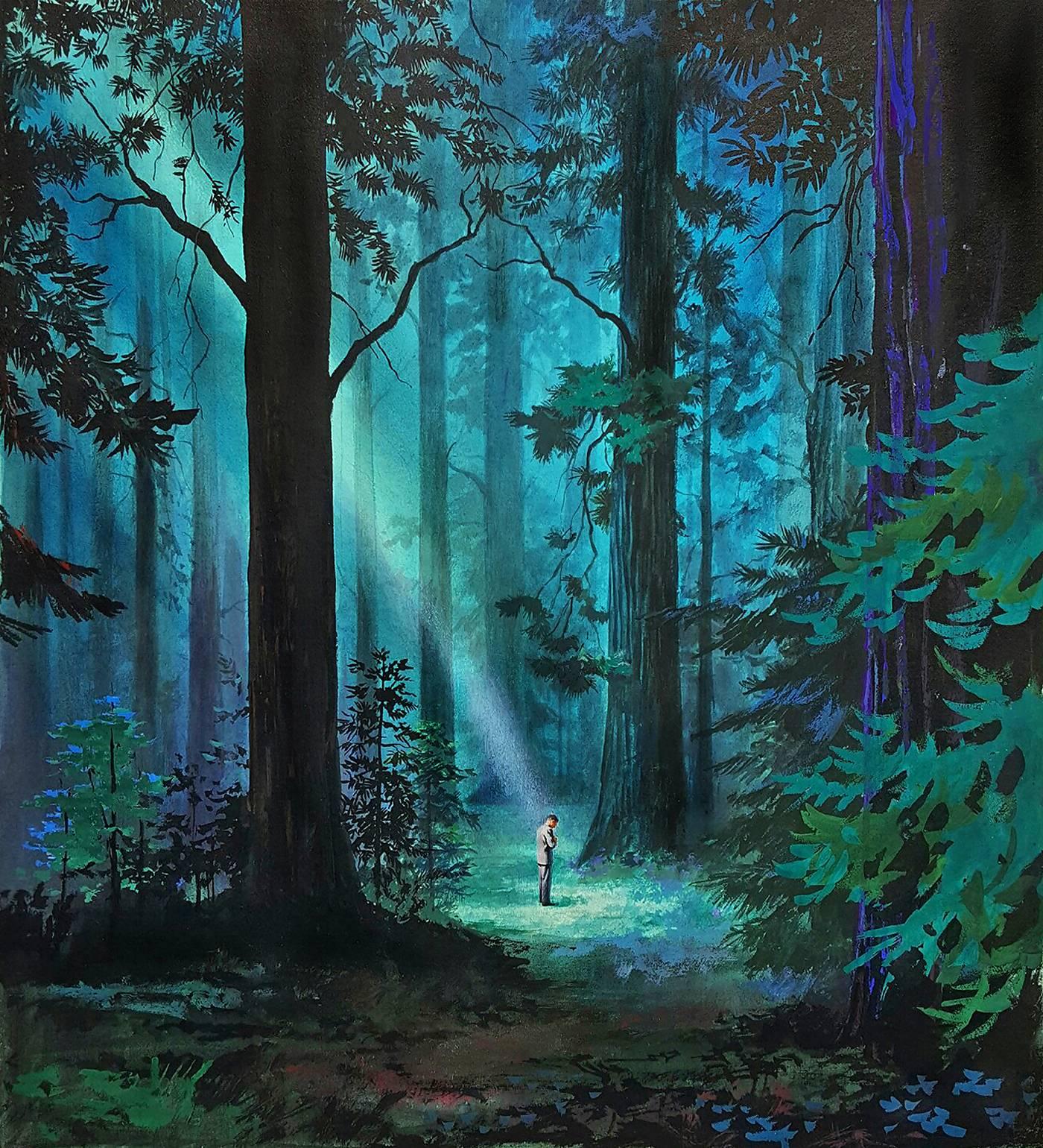 Hector Garrido Landscape Painting - A ray of light in the forest - Surreal Man in Surreal Landscape 