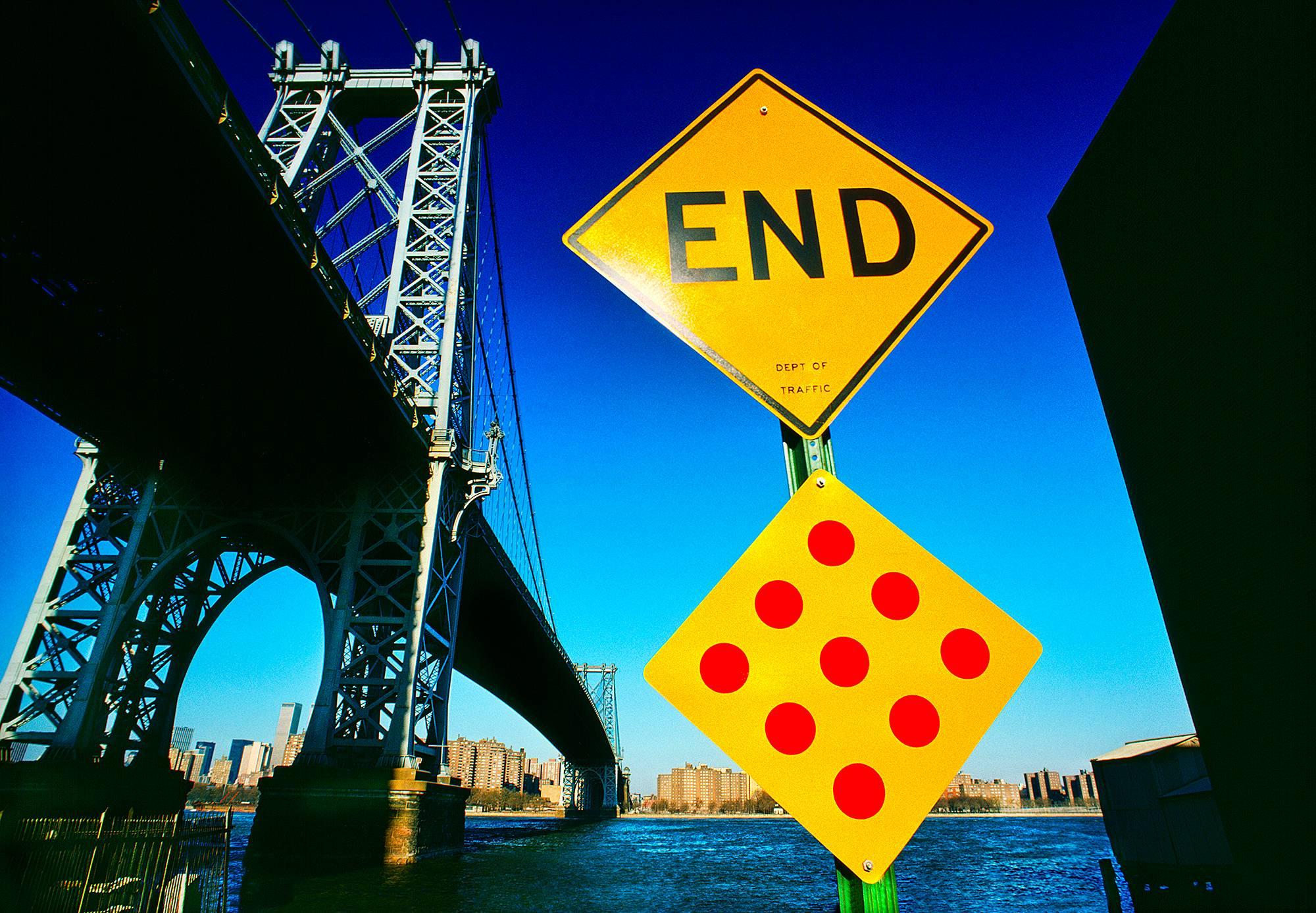 Mitchell Funk Landscape Photograph - Manhattan Bridge and Yellow Sign