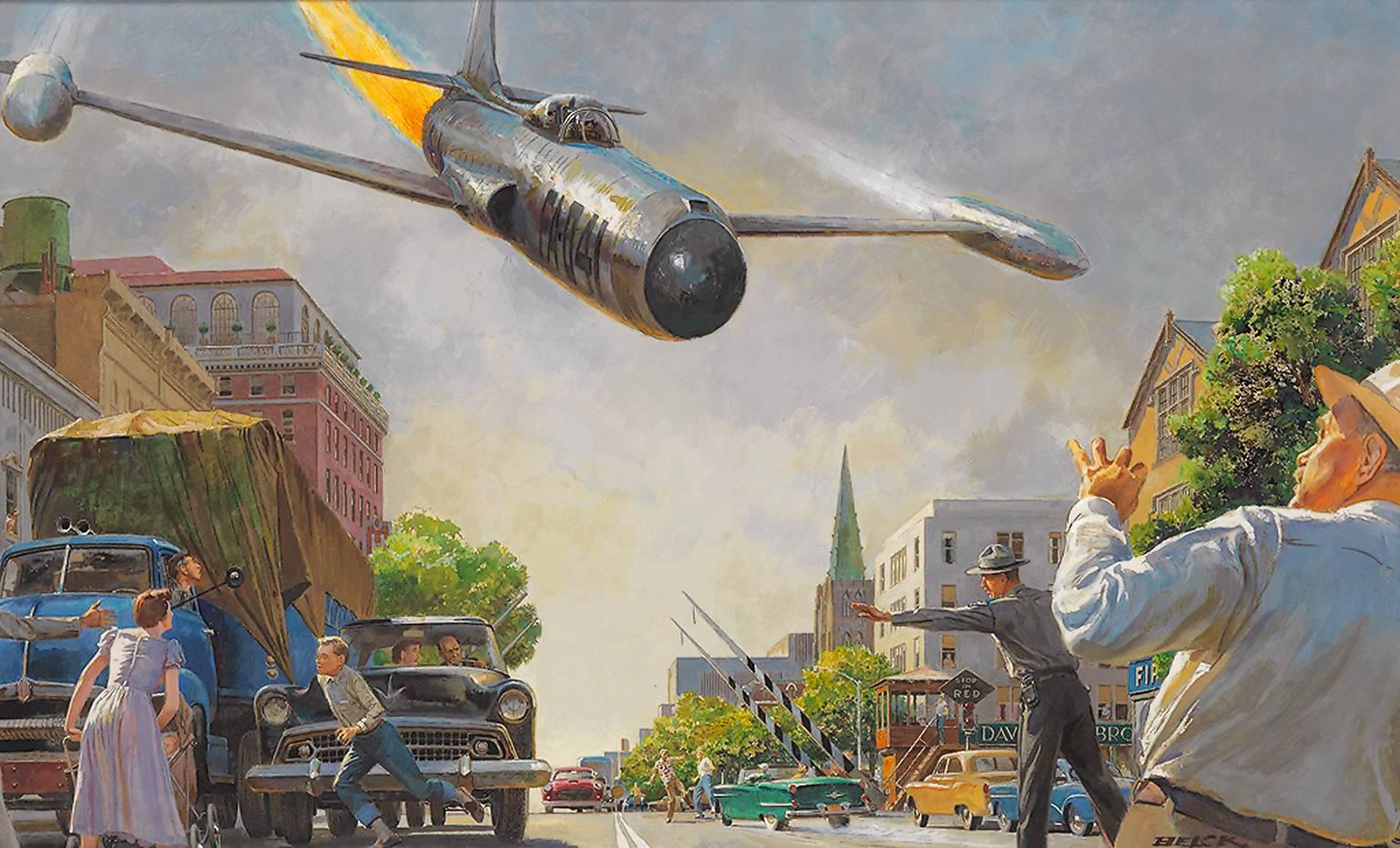 Peter Helck Figurative Painting – Amerikanische Americana „“Zu einem schrecklichen Moment glaubte Carter, dass der Jet aufstürzen würde