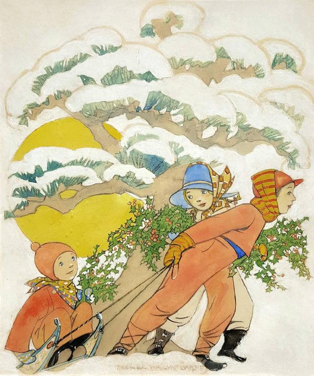 Maginel Wright Enright Barney Figurative Art - Women's World Magazine Cover Illustration , Children Sledding