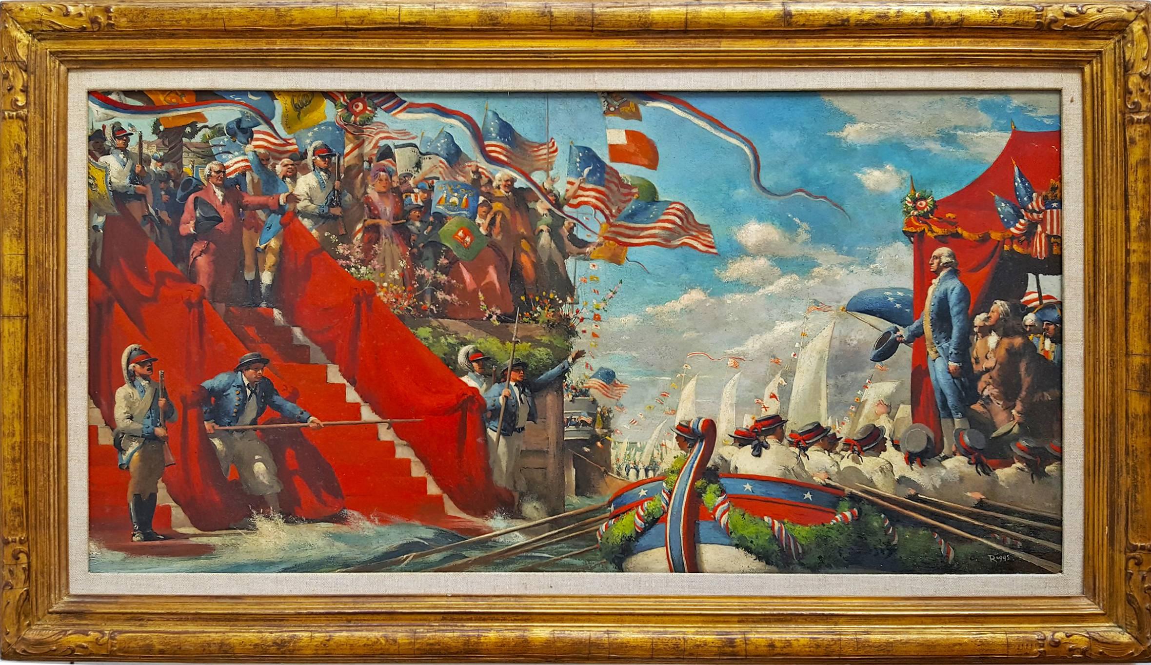 Robert Riggs Landscape Painting – George Washington Marine Procession, New Yorker Präsidentschaftsauftritt des Präsidenten von George Washington, Life Mag