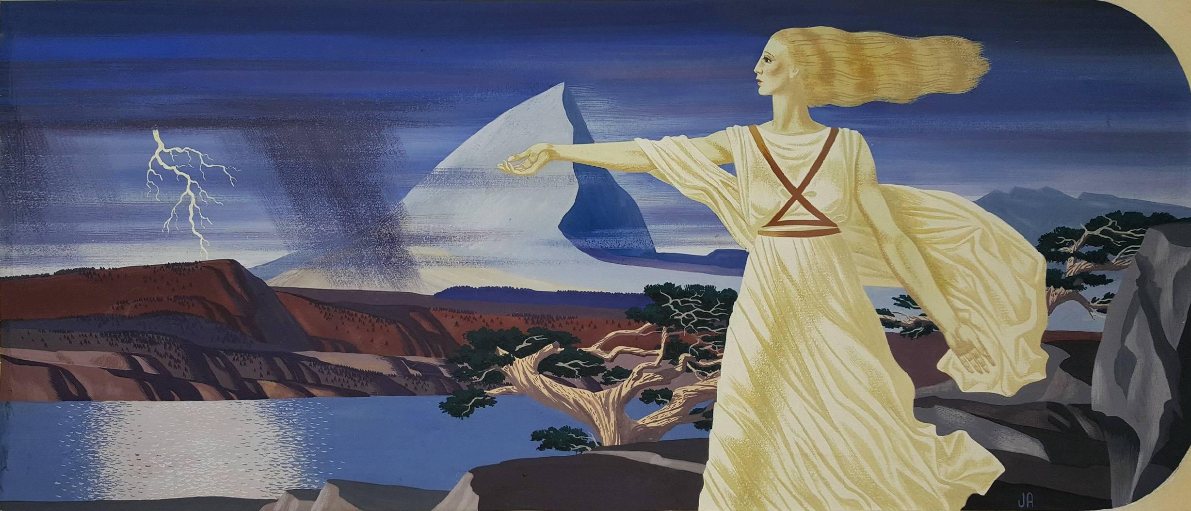 Art Deco Woman in Classical Robes set in  Stylized Landscape