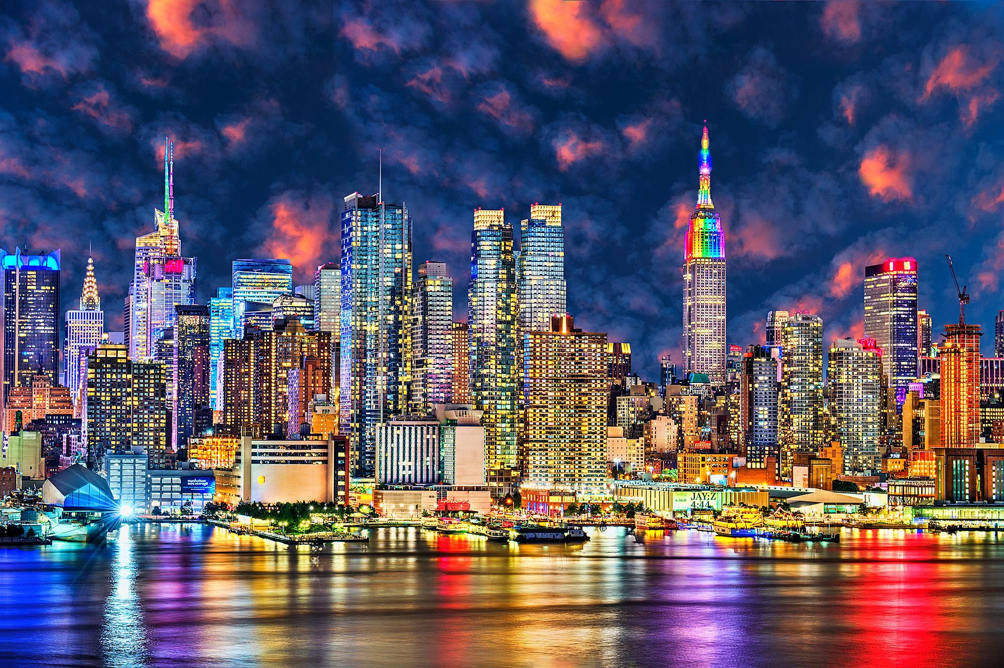 New York Skyline at Night  with River Reflection