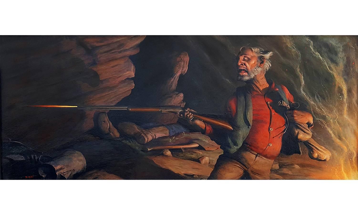 Robert Riggs Landscape Painting - Prospector firing Rifle  ( Happiness is a Warm Gun ) Gay Art