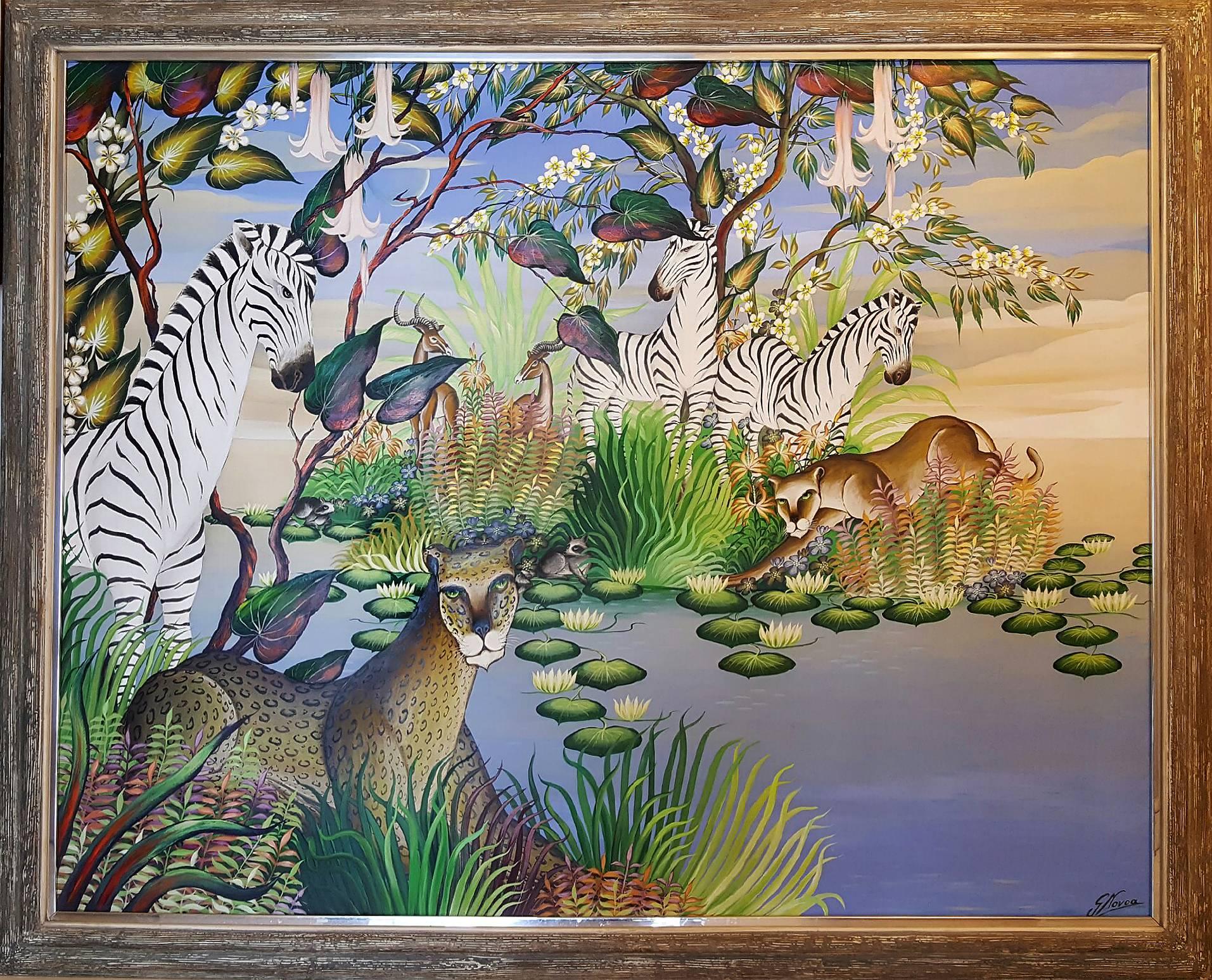 Gustavo Novoa Landscape Painting - Tropical Jungle,  Tiger, Zebra, Leopard, Jungle  Animals  Panther