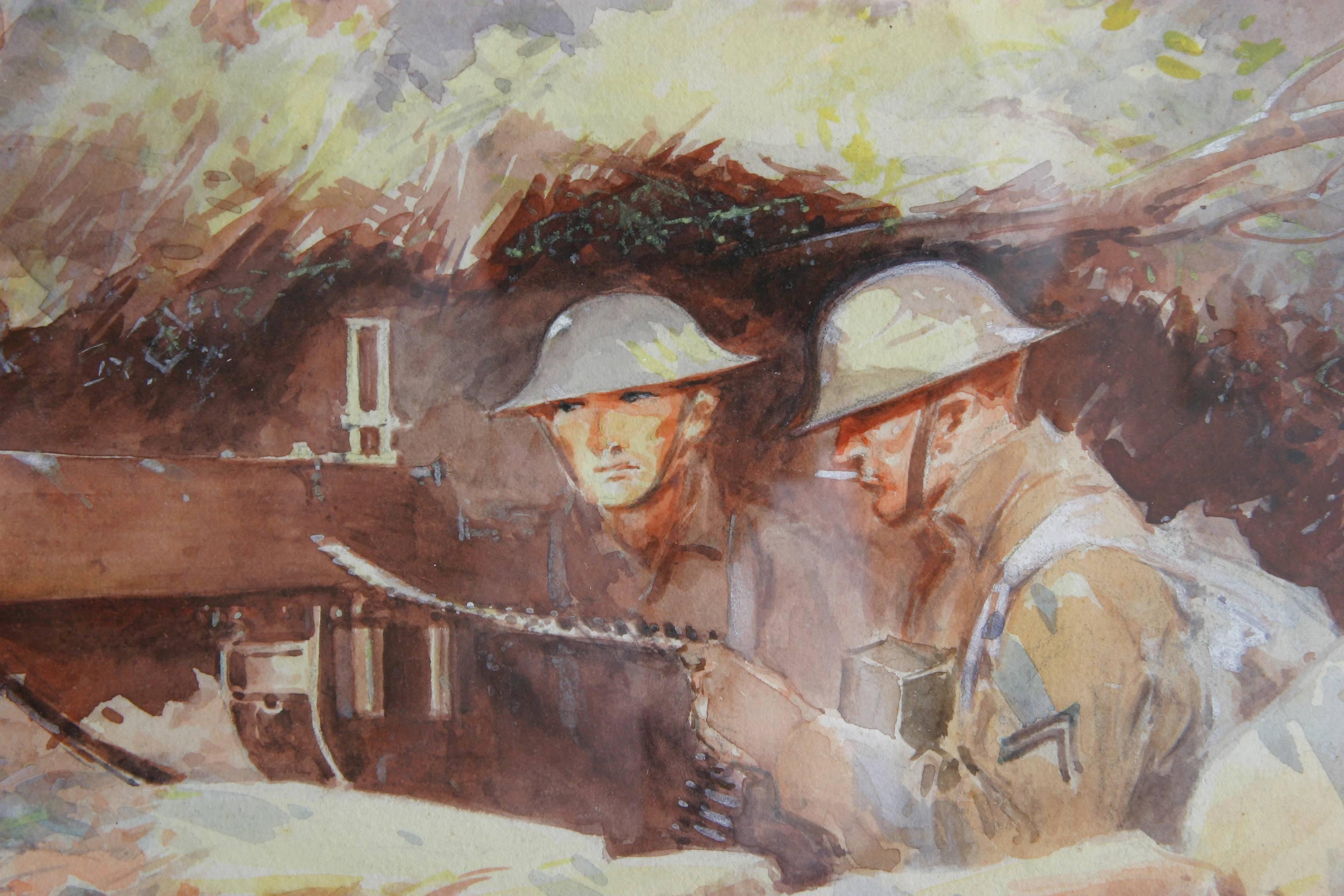 Zwei Soldaten mit Maschinengewehr (Beige), Figurative Art, von Everett Shinn