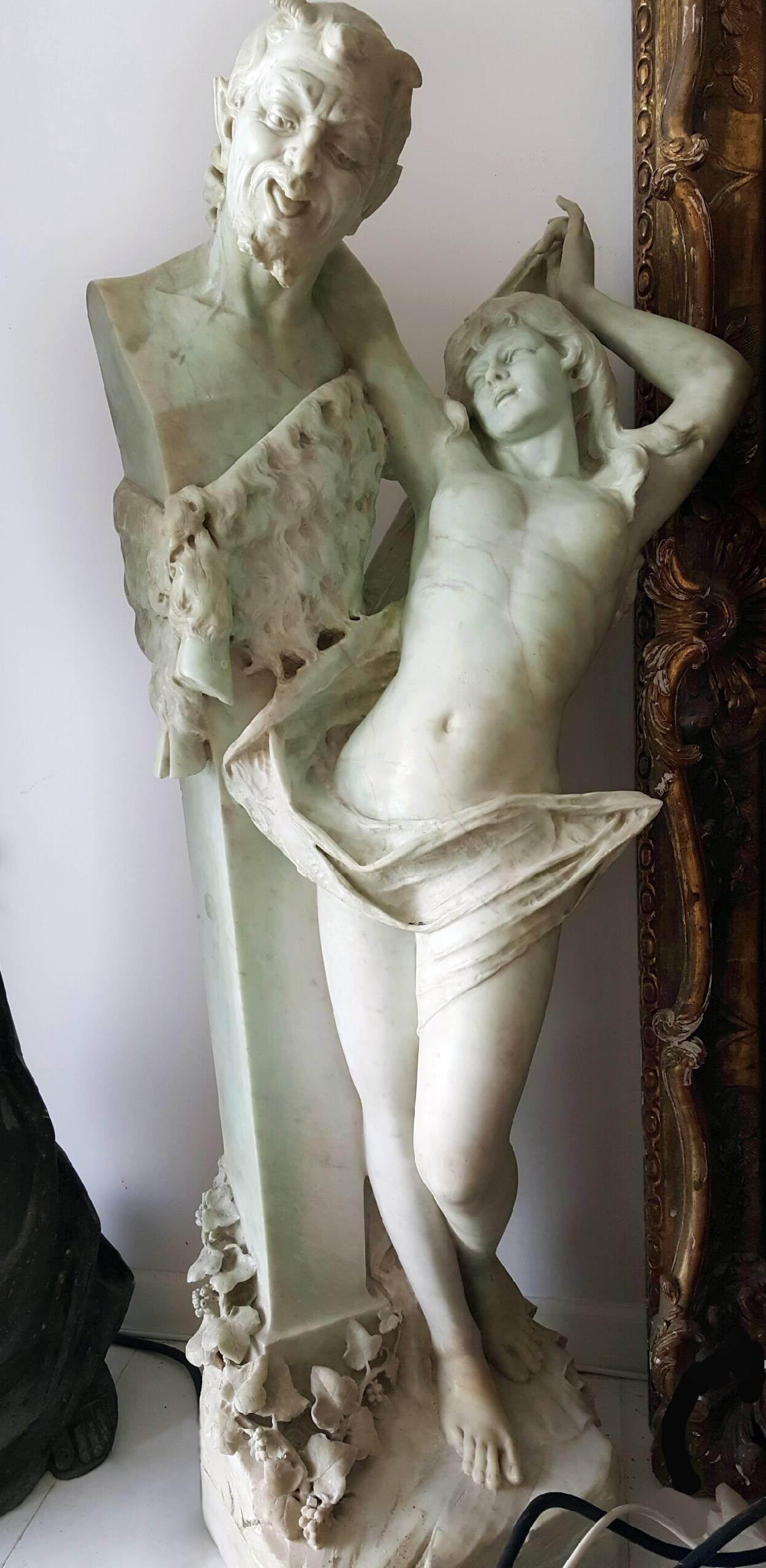 Erótico  Mármol Mitológico Sexual Figural, Mujer desnuda, Bacante y Sátiro Herm - Sculpture Antiguos maestros de Unknown