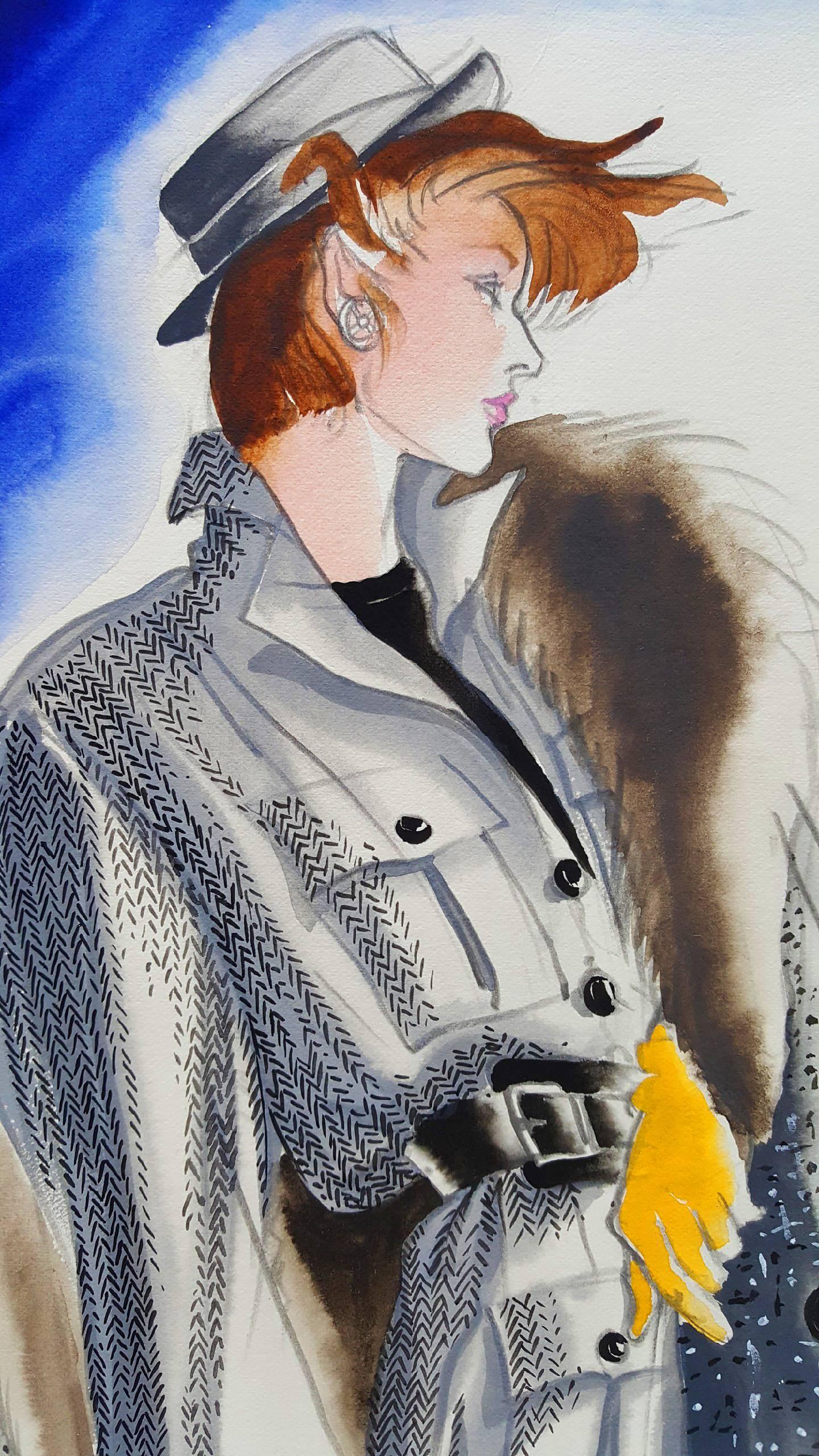 Vogue USA, Ilustración de moda  - Artista hispano - Portrait Painting Gris de Antonio Lopez