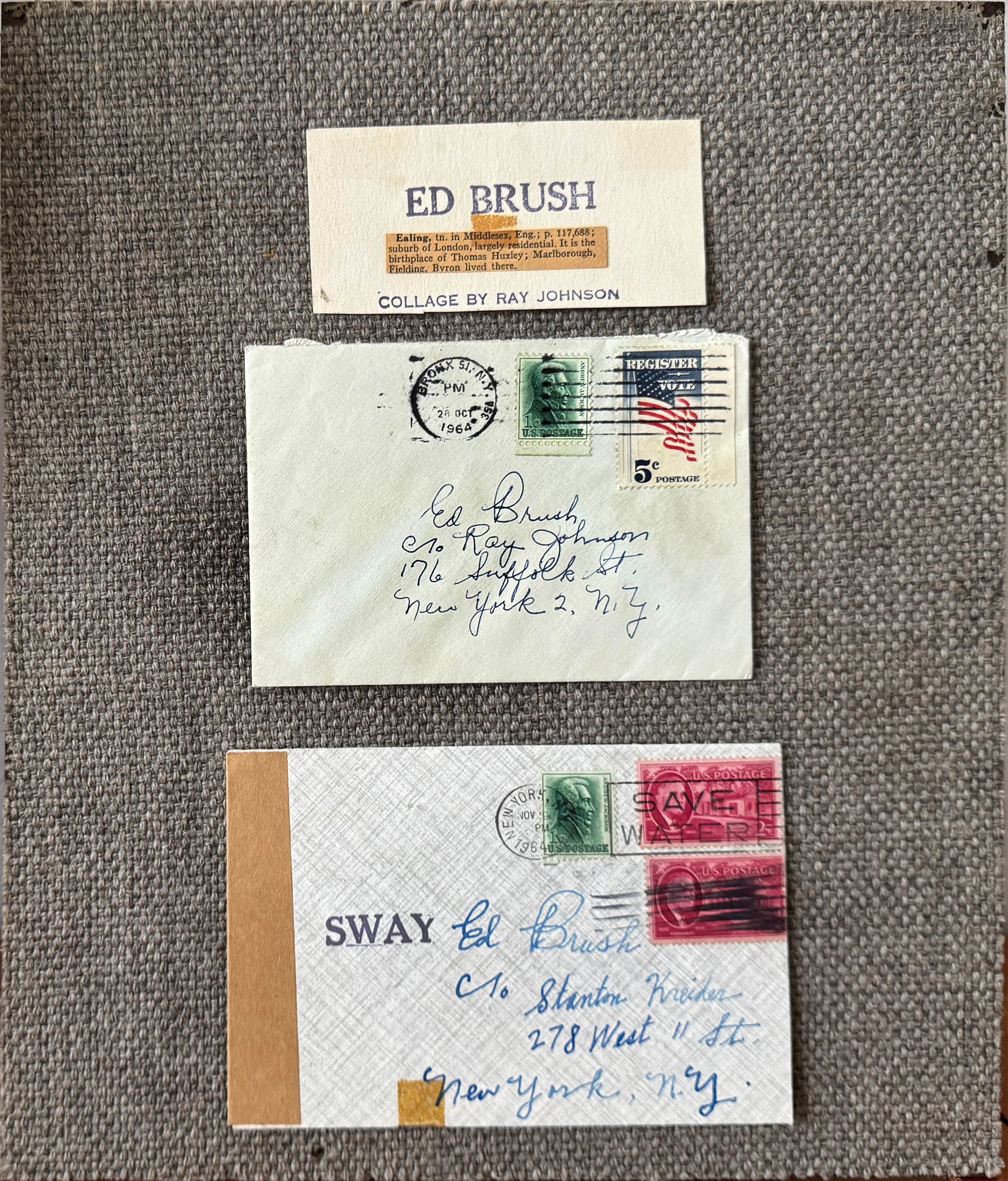 Ray Johnson Still-Life Sculpture - Mail Art Correspondence Art Pioneer Two Envelops and Collage Signed
