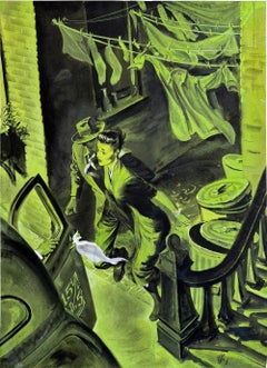 Noir Mid-Century Illustration Woman Fleeing in Fear, Original Illustration Art