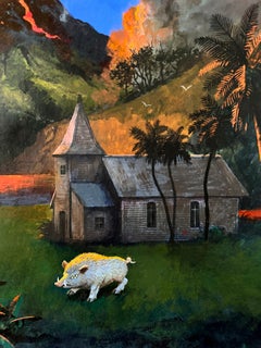 Peinture surréaliste représentant un volcan en éruption à Hawaï pour la couverture du livre *Fires of Eden*
