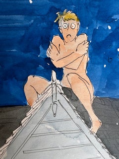 Unfaithful Wife Naked Lover - Playboy Cartoon, Original Watercolor Signed