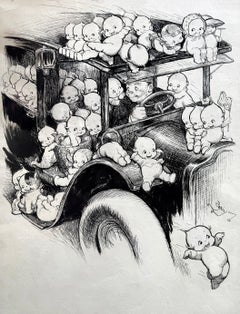 Kewpie Car. Hop On and Go to a Happy Place. Pen and Ink Original, Signed
