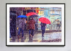 Regensturm am Times Square, Menschen mit bunten Regenschirmen, Kunstdruck in Farbe