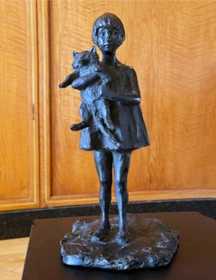 Cat in Arms of Girl - Heavily Modeled Bronze like Rembrandt Bugatti