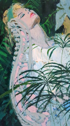 Ilustración de mujer reclinada con hombre de fondo