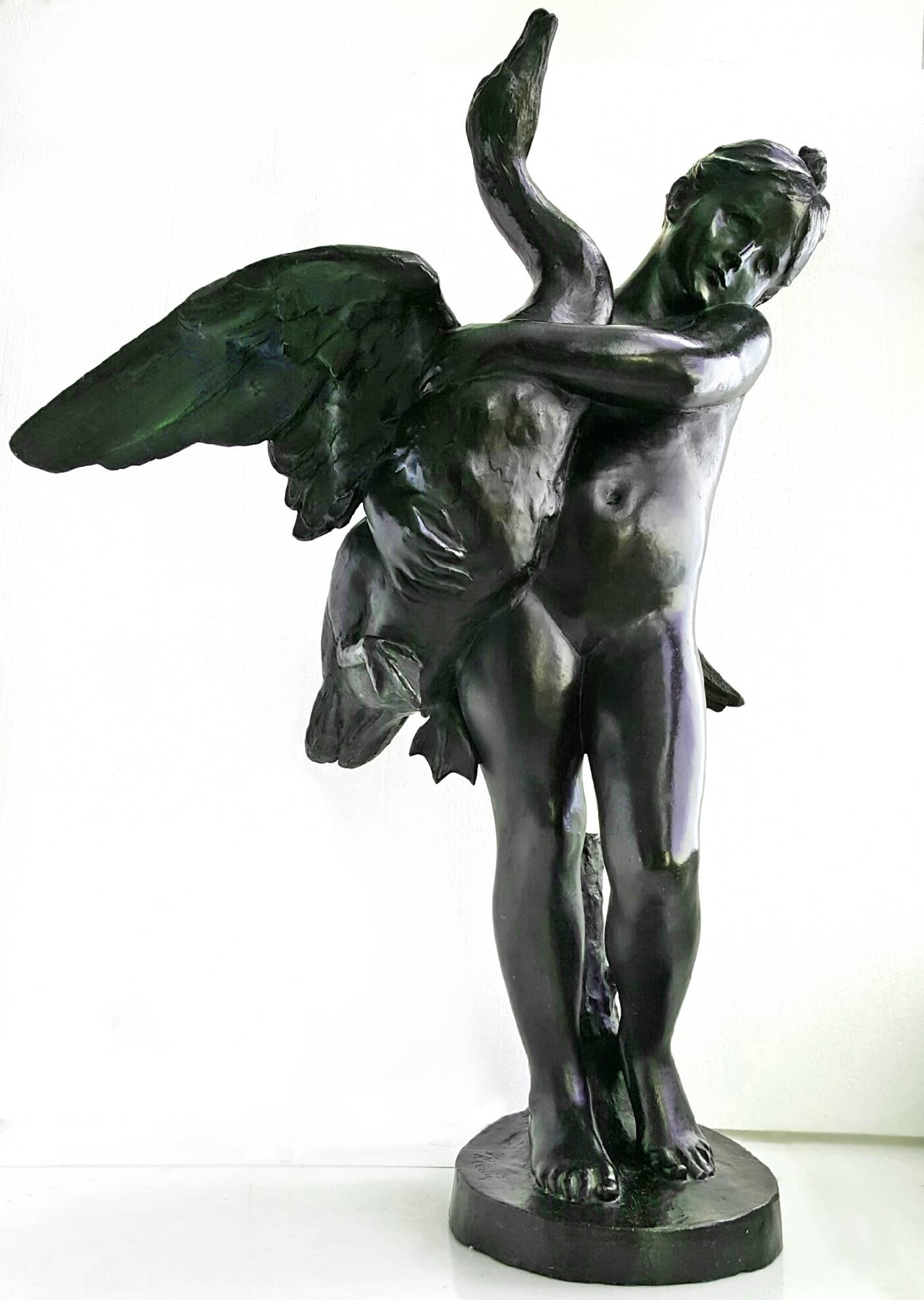 Girl and Swan - Gold Nude Sculpture by Marius Jean Antonin Mercié