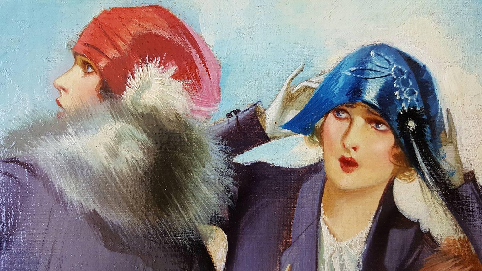 Art Deco Flappers Ladies at a Football Game - Painting by Gene Pressler