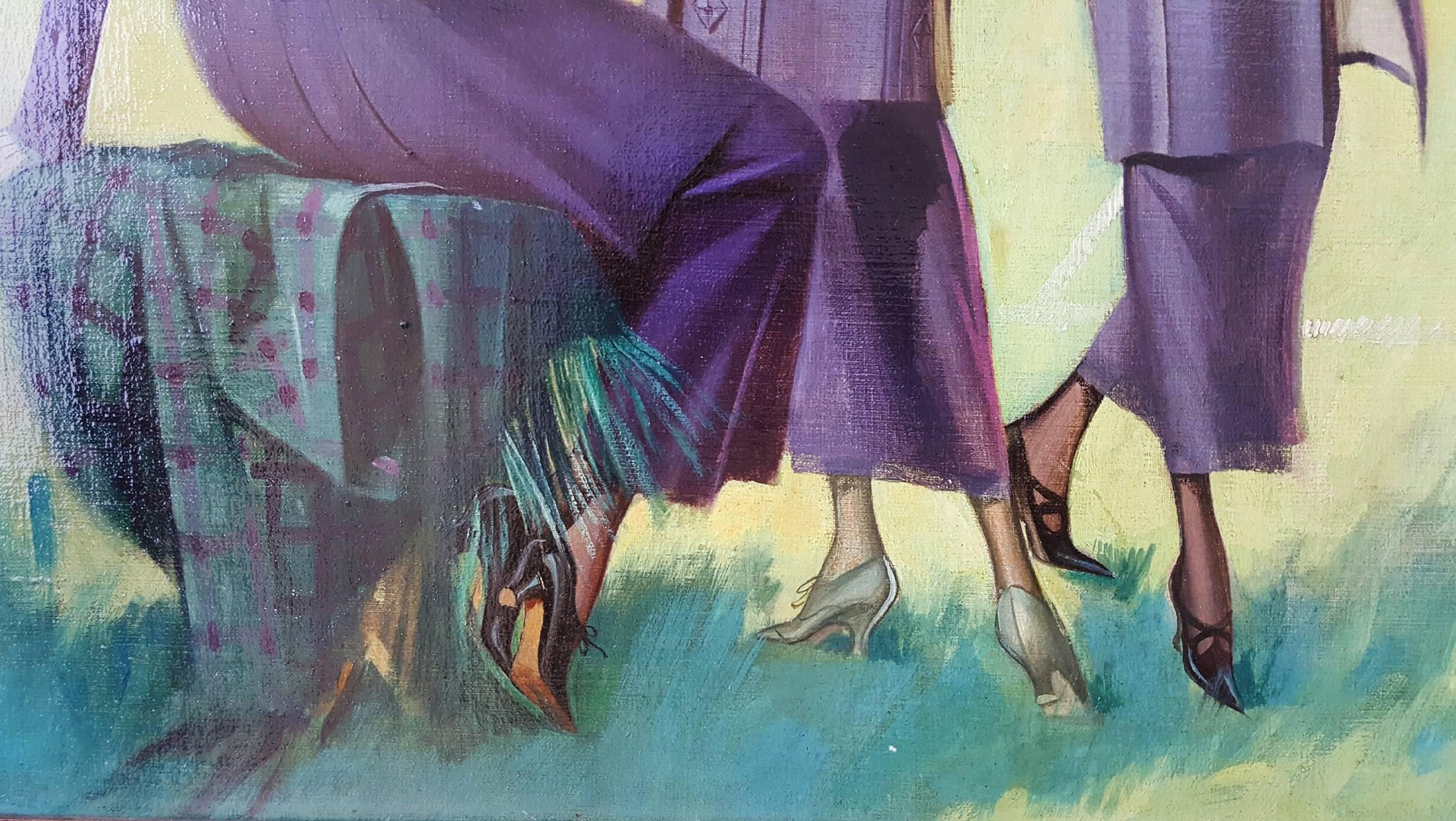 Art Deco Flappers Ladies at a Football Game - Gray Portrait Painting by Gene Pressler